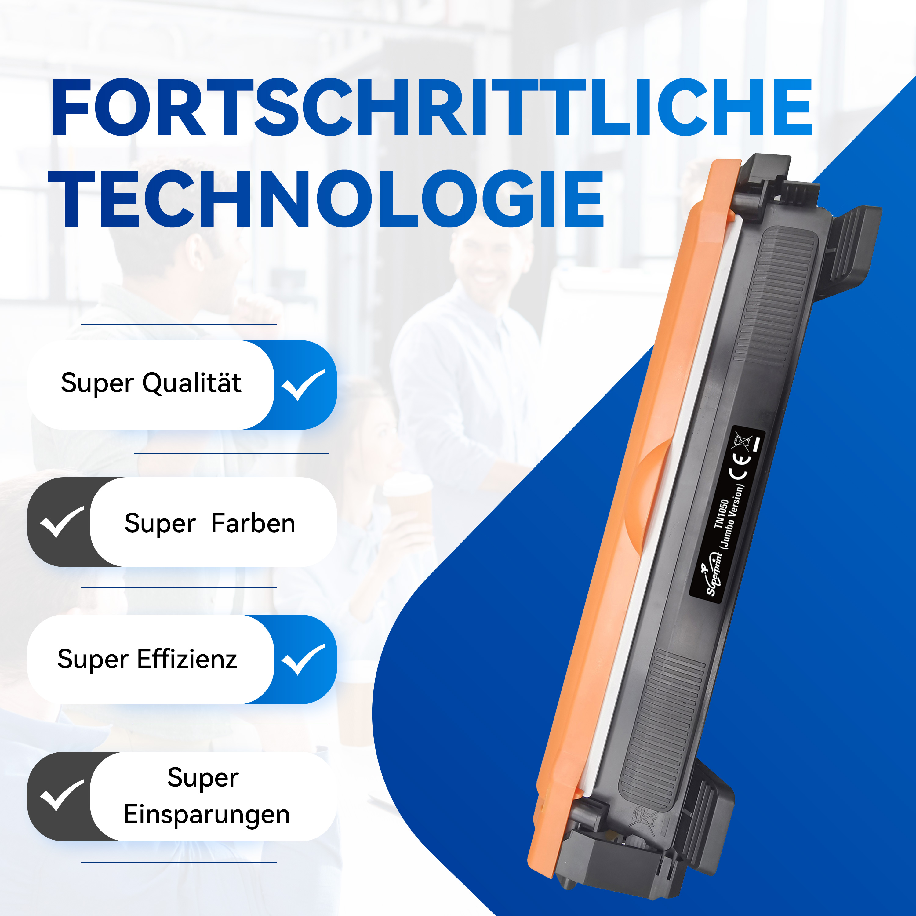 Cartouche de toner avec détails orange et noir, avec logos Superprint et coches.