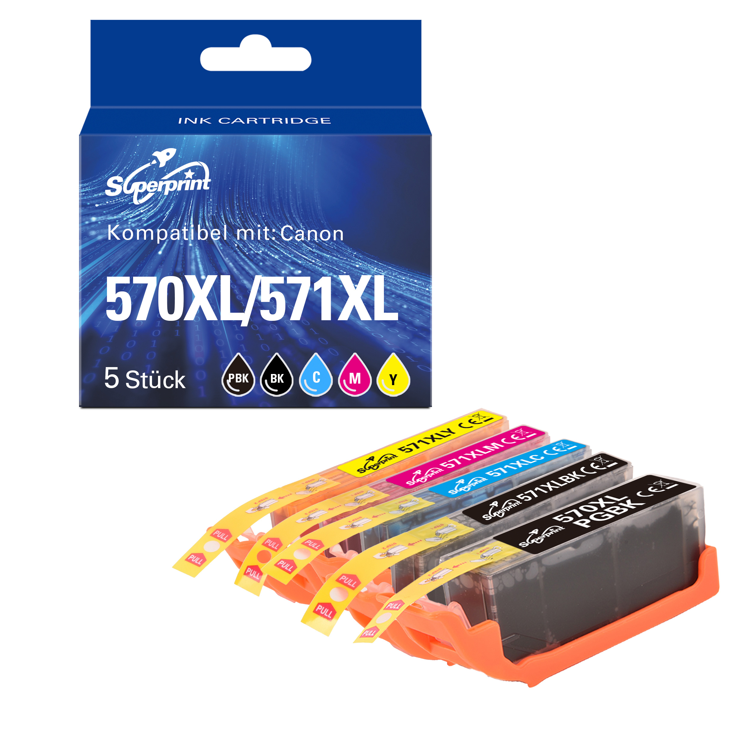 Un ensemble de cinq cartouches d'encre est affiché avec une boîte, présentant les couleurs noir, cyan, magenta et jaune.