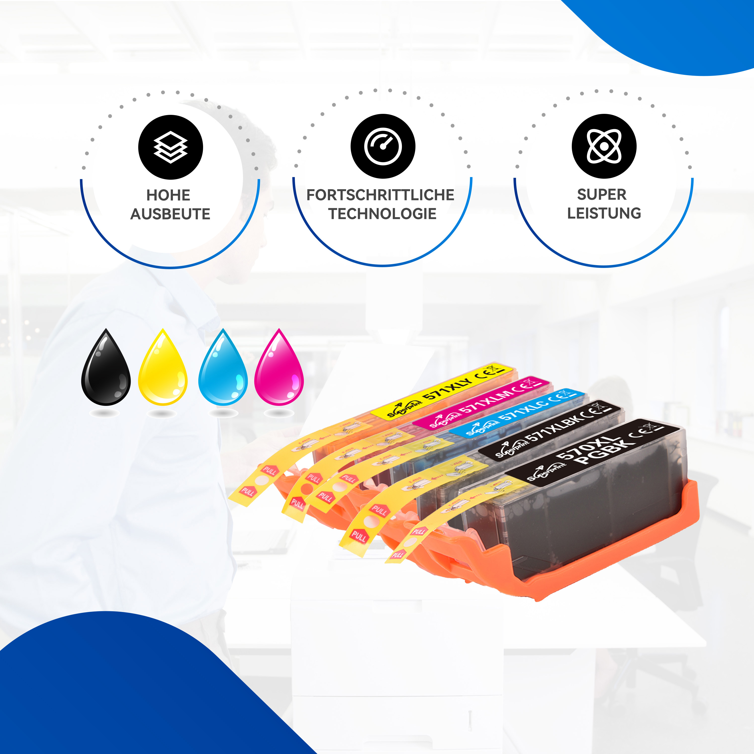Cinq cartouches d'encre sont affichées avec des icônes graphiques, présentant les couleurs noir, cyan, magenta et jaune.