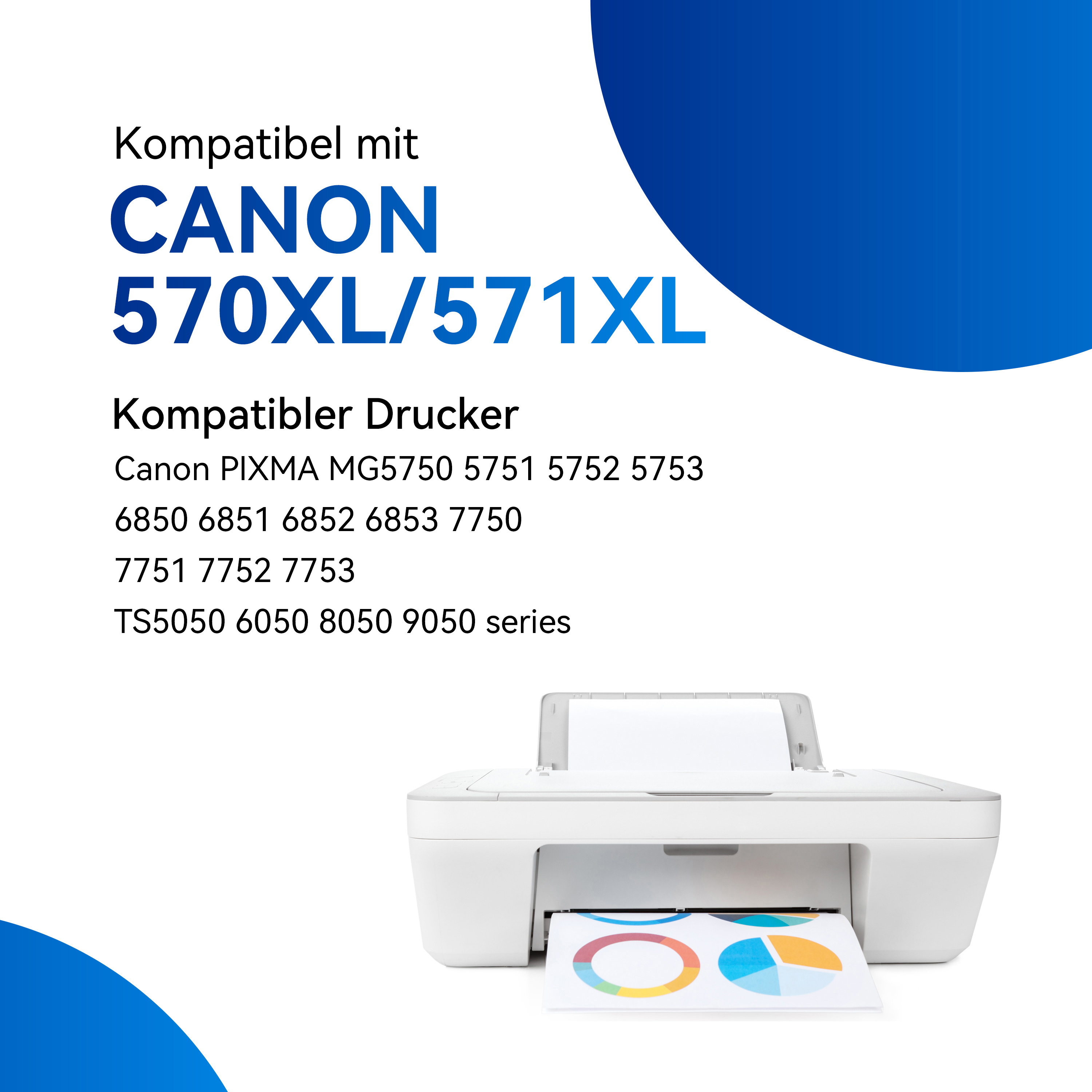 Une imprimante blanche est placée au-dessus d'un document coloré sur une surface blanche avec des éléments graphiques bleus.