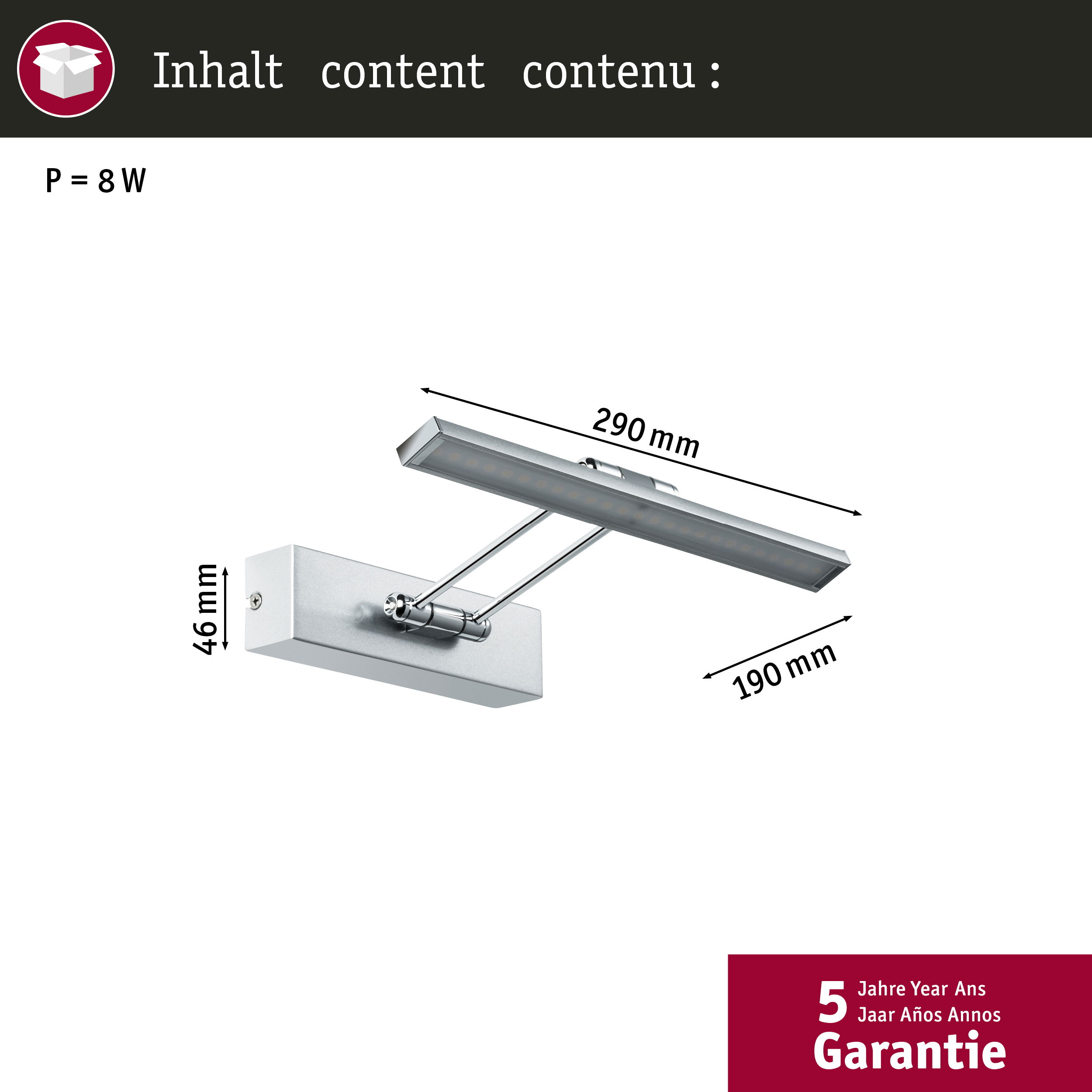 Srebrna lampa ścienna o wymiarach: 46 mm, 290 mm i 190 mm.