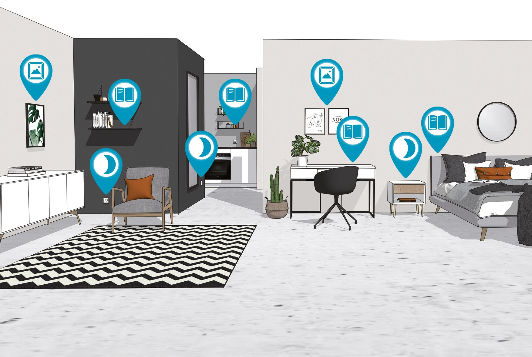 Ein modernes Wohnzimmer mit einem monochromen Teppich, grauen Wänden und abgestimmten Möbeln.