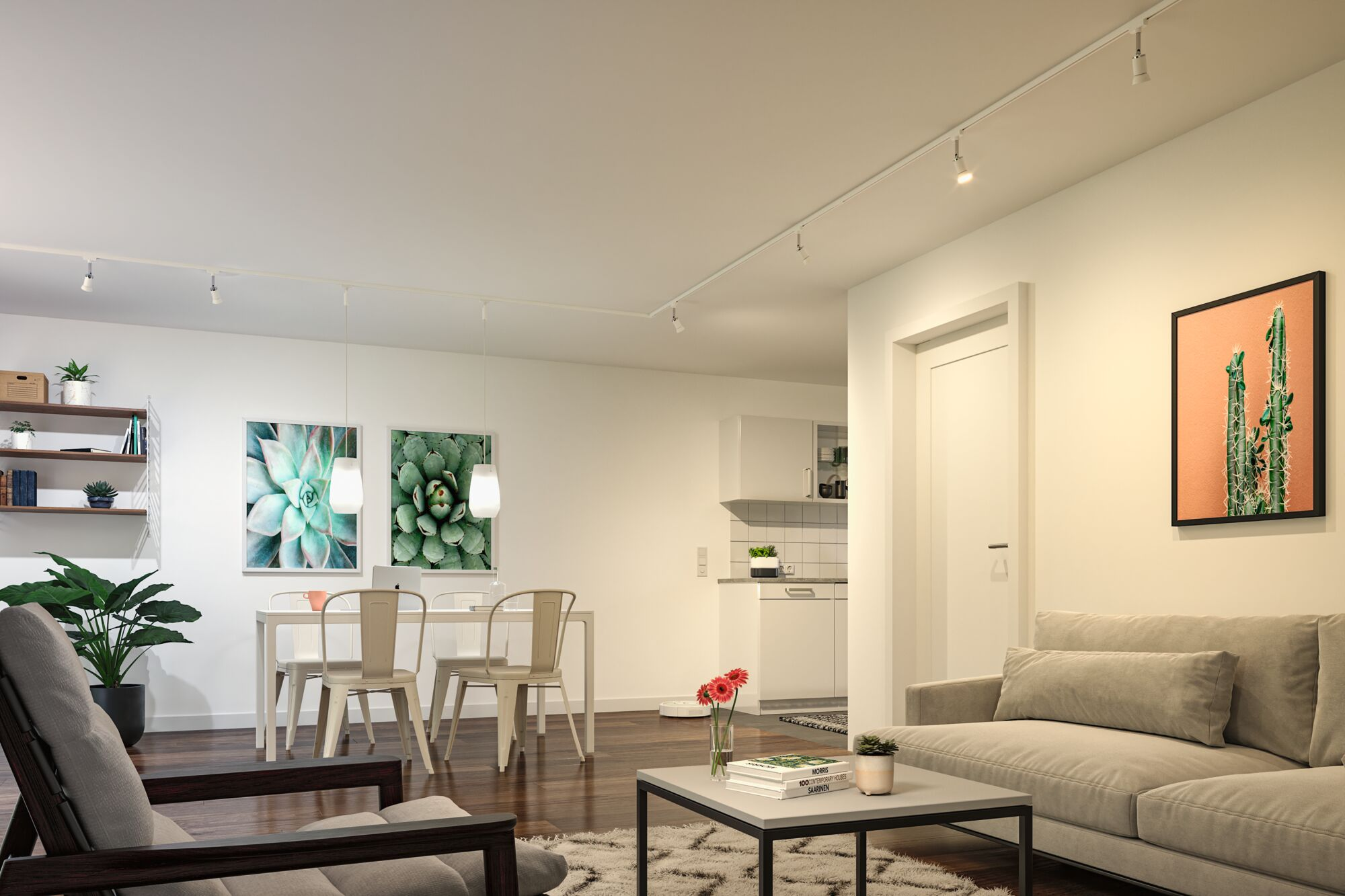 Wohnzimmer mit Schienenbeleuchtung, Essbereich, Sofa und minimalistischem Dekor.