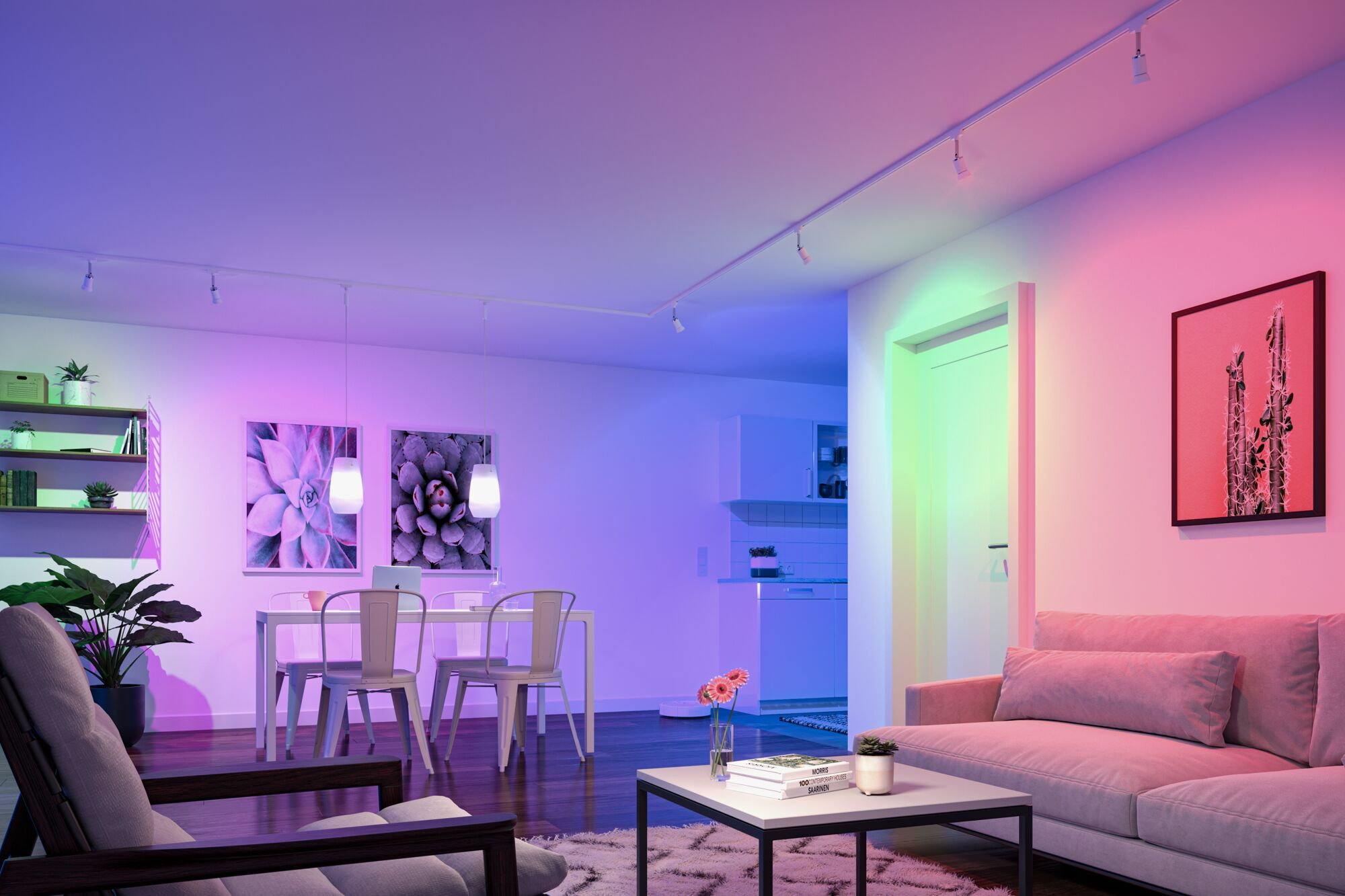 Wohnzimmer mit Schienenbeleuchtung, Essbereich, Sofa und farbwechselnden Lichtern.