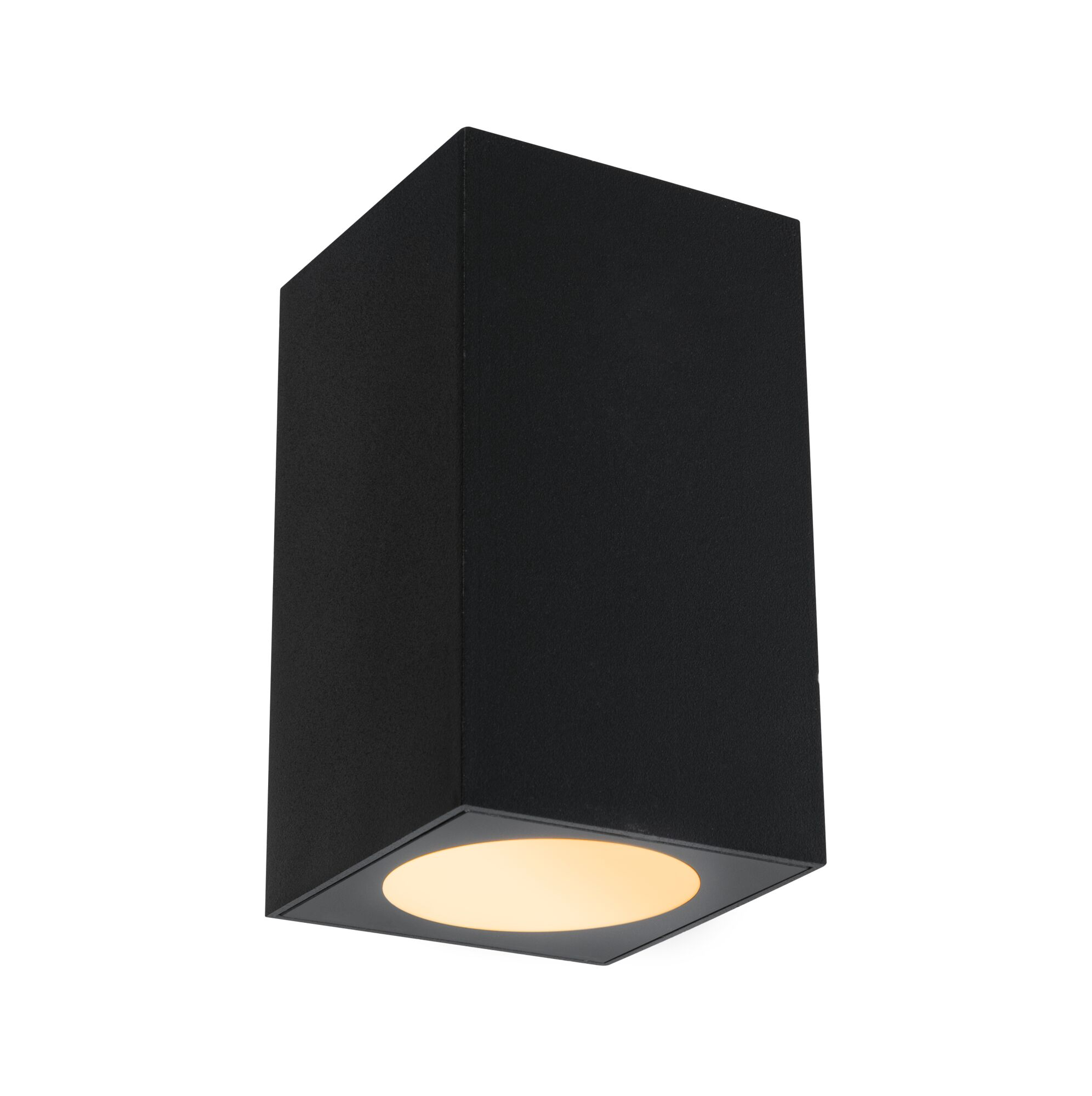 Eine kleine, schwarze, quadratische Außenleuchte mit nach unten gerichtetem Licht.