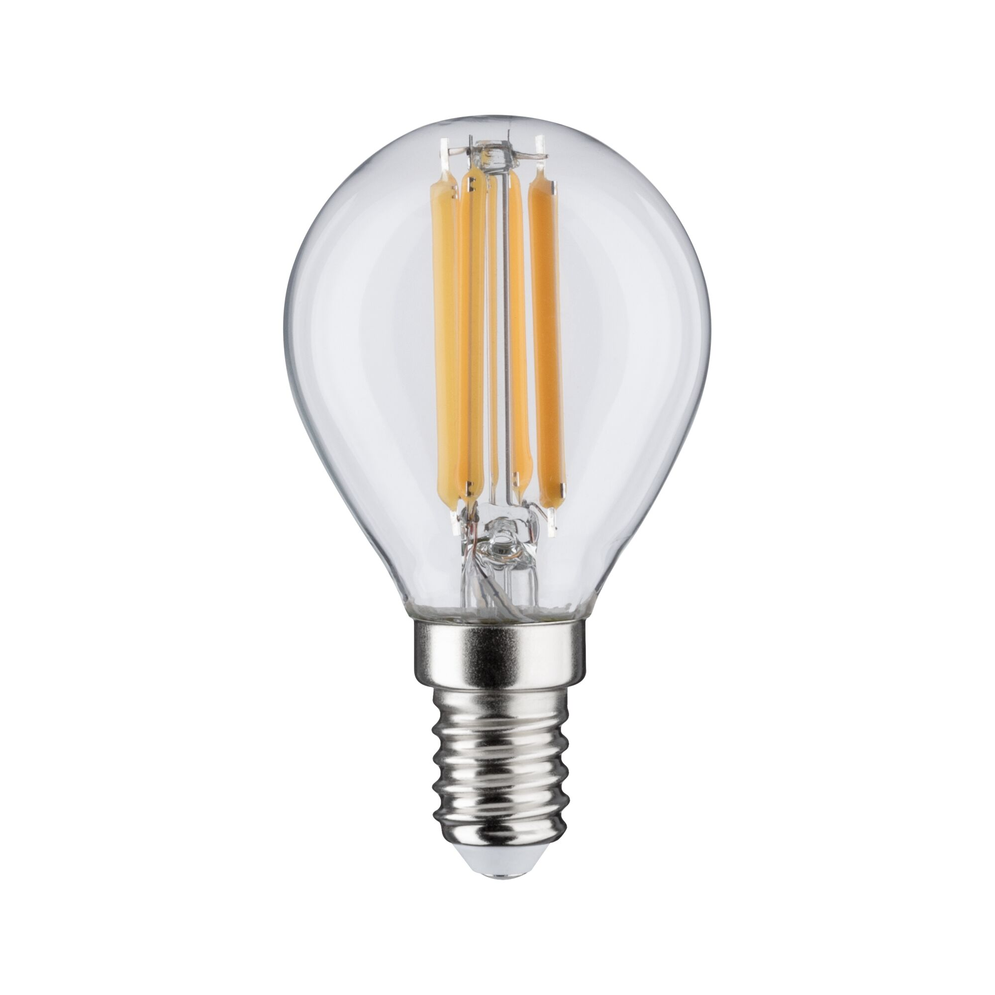 Klare Glas-LED-Glühbirne mit sichtbaren Glühfäden und silbernem Sockel.