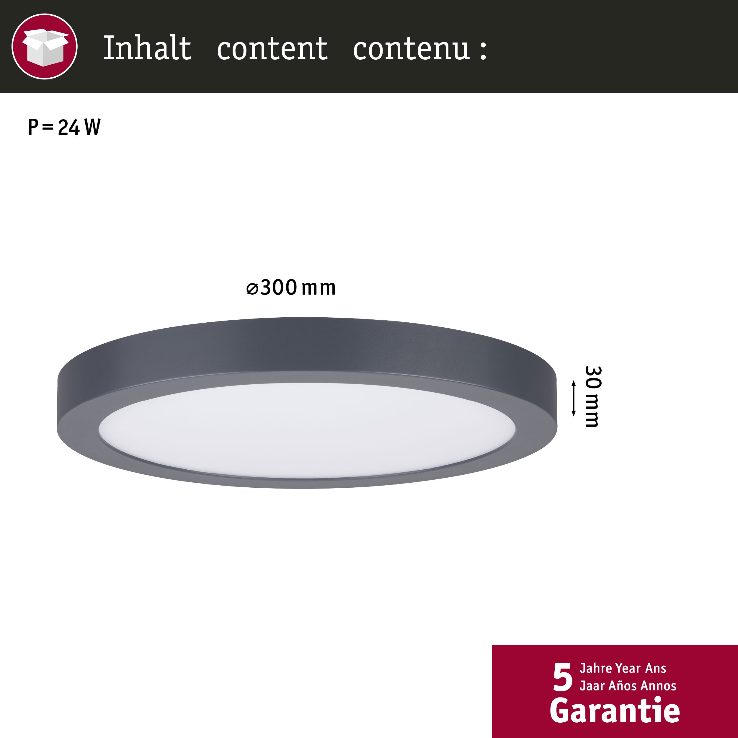 Una luce a LED rotonda grigio scuro. La luce è bianca e il diametro è di 300 mm.