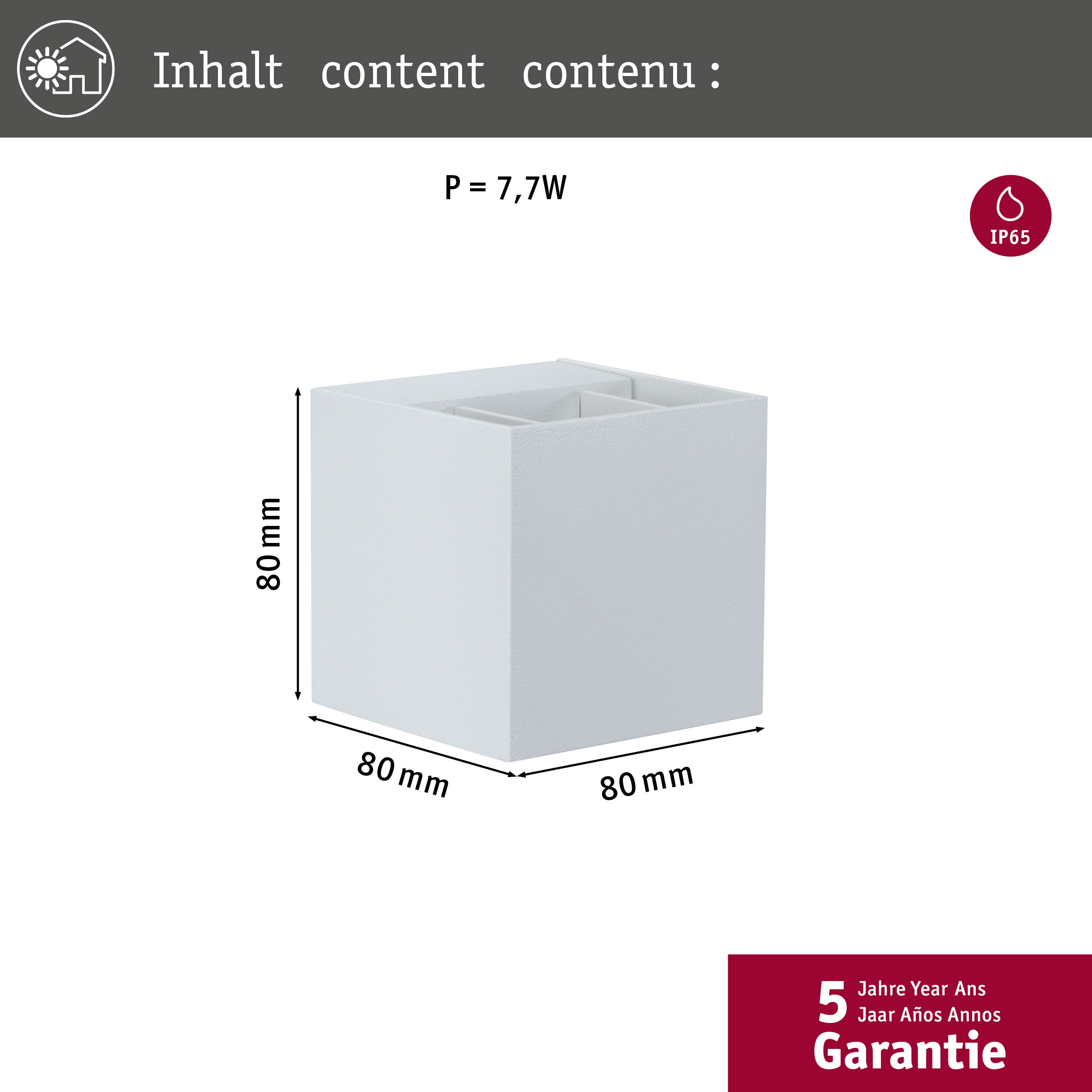 Biała kostka z 3 otwartymi sekcjami, pokazane wymiary. Ma białe tło.
