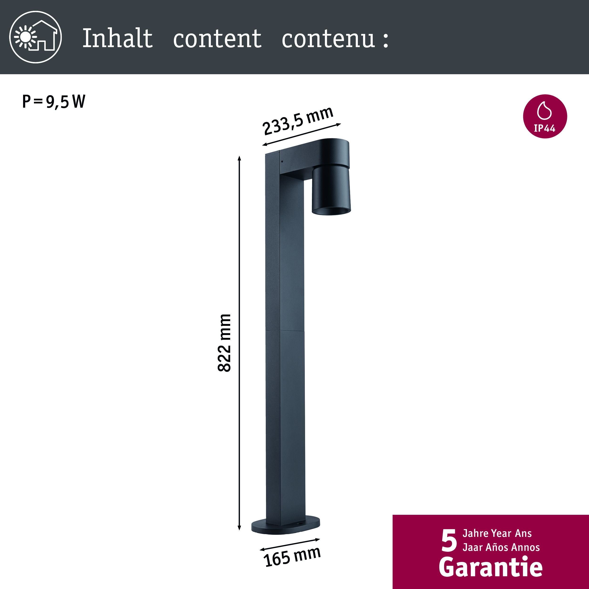 Wysoka, czarna lampa zewnętrzna z cylindrycznym topem i prostokątną podstawą, wymiary, na białym tle.