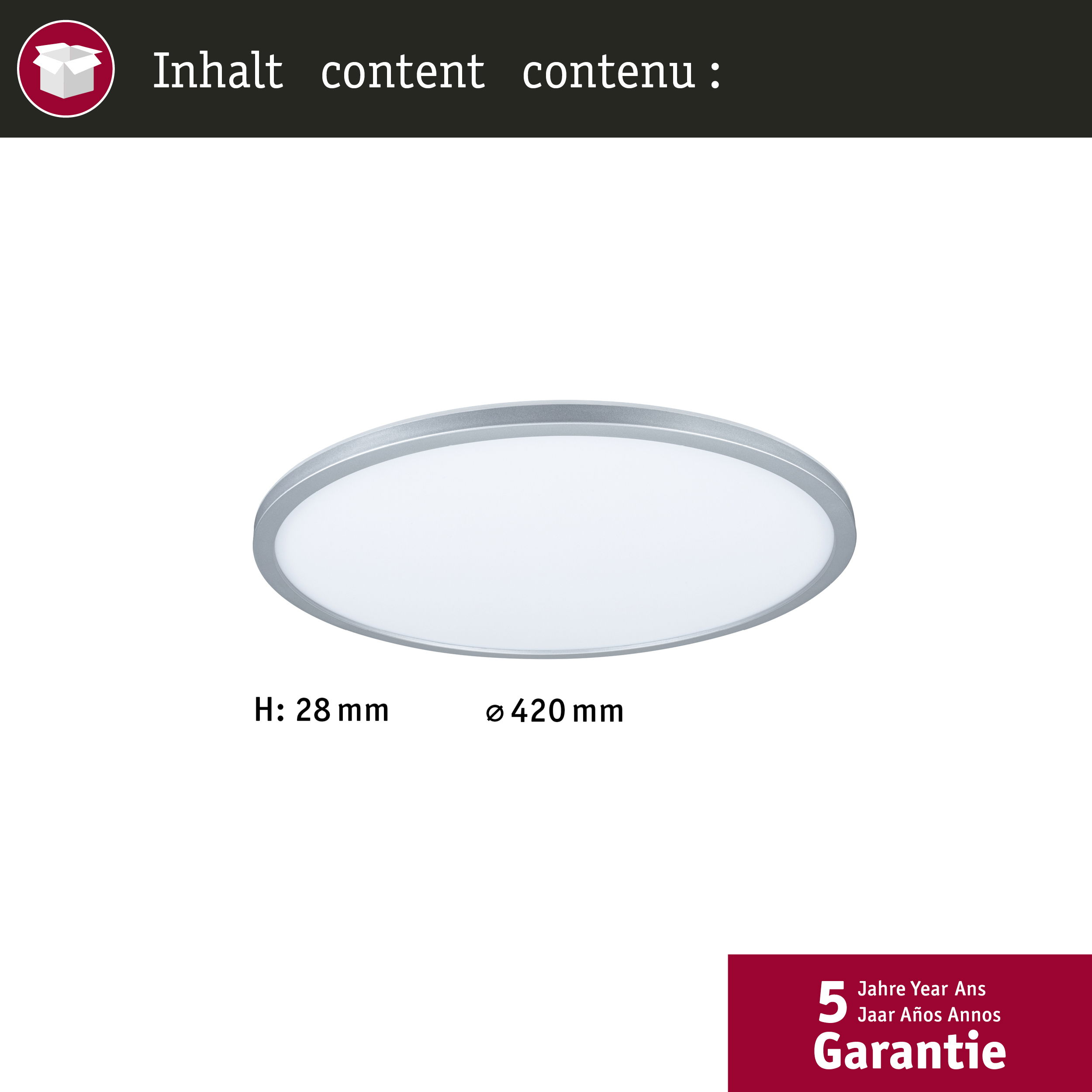 Una plafoniera rotonda argentata con pannello luminoso bianco. Dimensioni indicate.