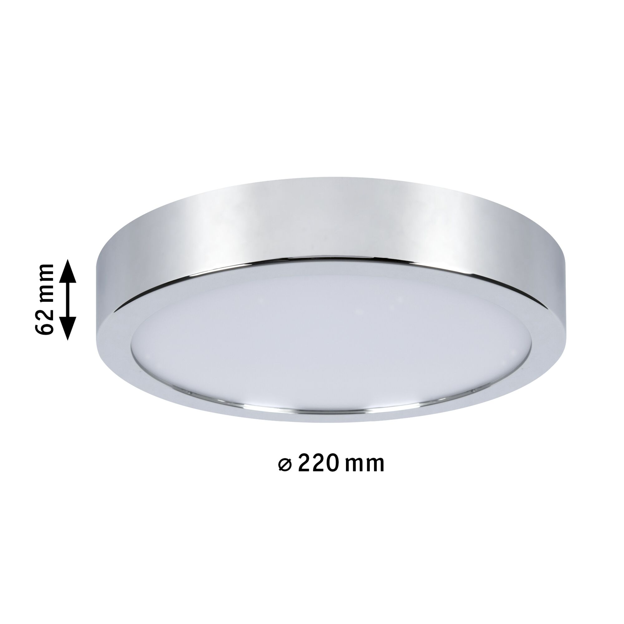 Eine runde, silberne Deckenleuchte mit weißem Lichtpaneel. Abmessungen sind angegeben.