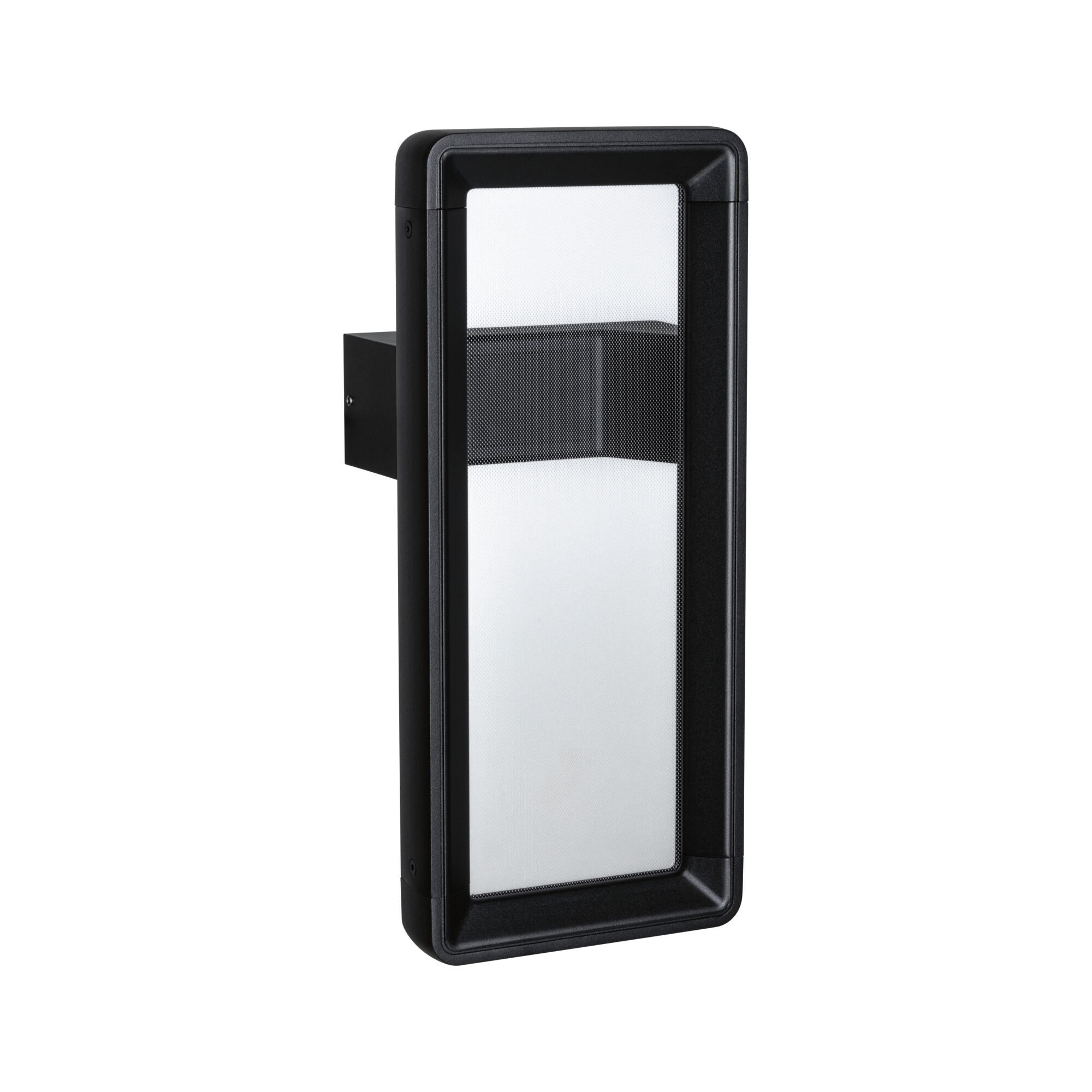 Wysoka, prostokątna oprawa oświetleniowa zewnętrzna z czarną ramą i białym panelem zamontowana na ścianie.