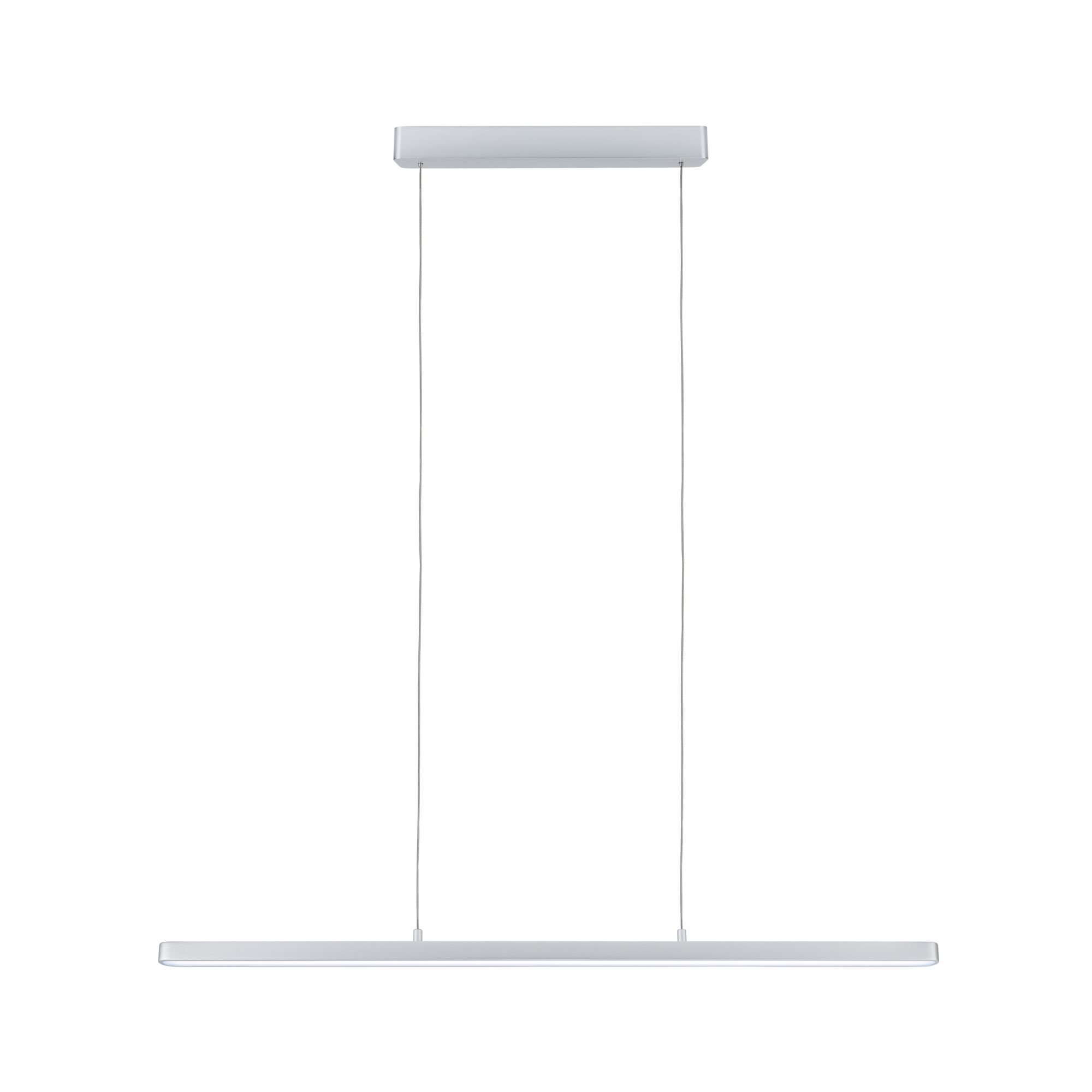 Una lampada a sospensione lineare sottile con finitura argentata pende verticalmente su uno sfondo bianco.