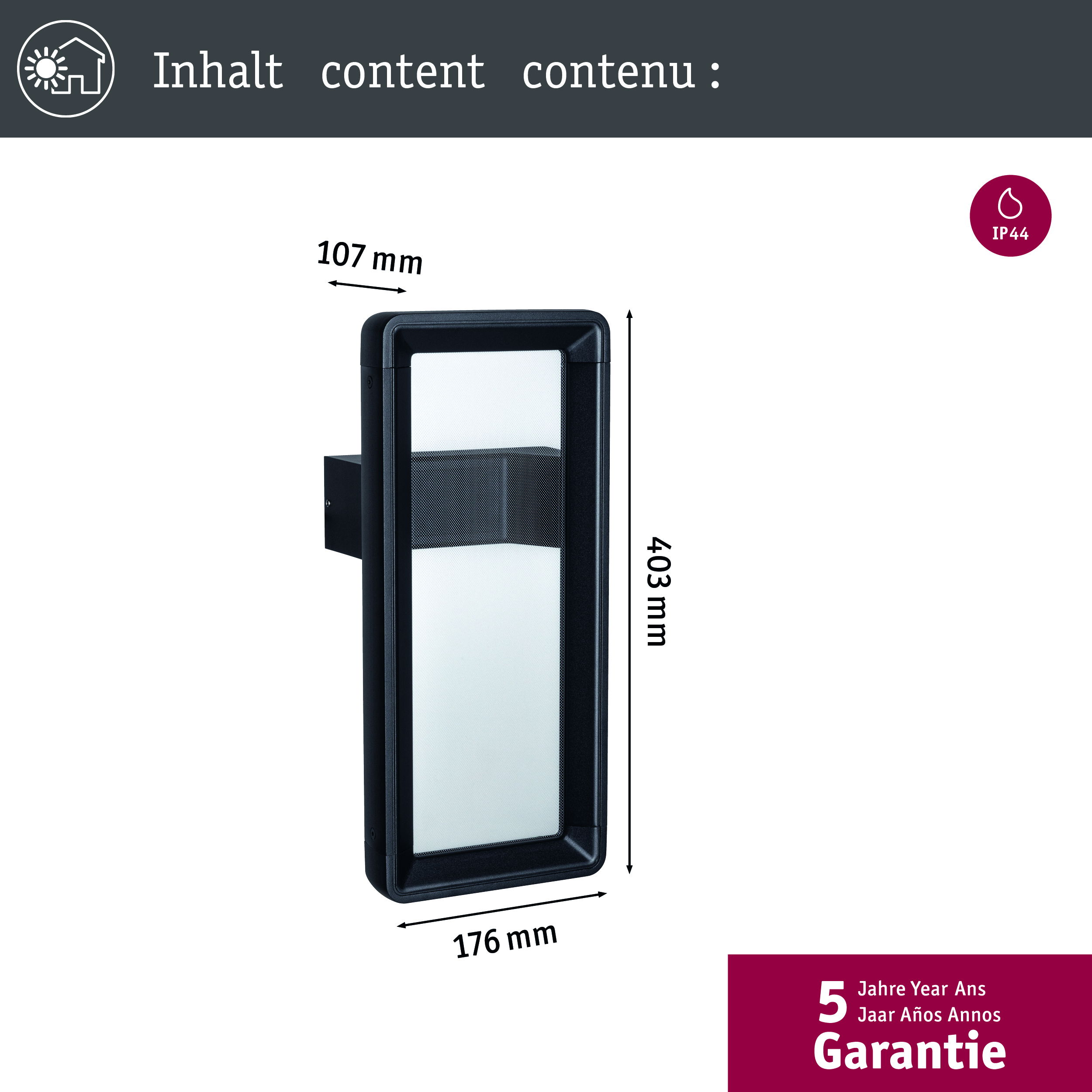 Obraz przedstawia wysoką, prostokątną lampę zewnętrzną o wymiarach i 5-letniej gwarancji.