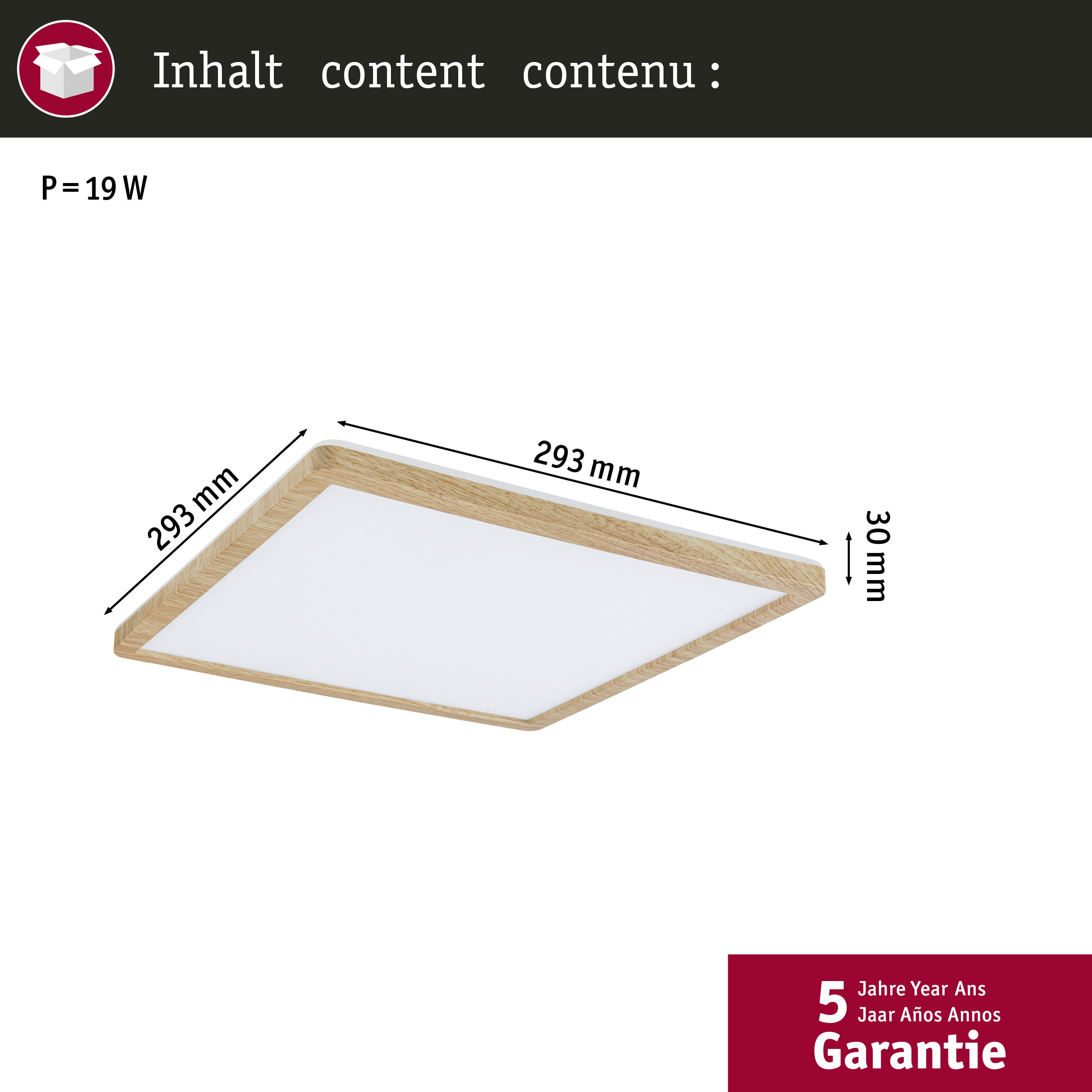 Schemat przedstawia wymiary kwadratowej lampy sufitowej LED: 293 mm x 293 mm i wysokość 30 mm.