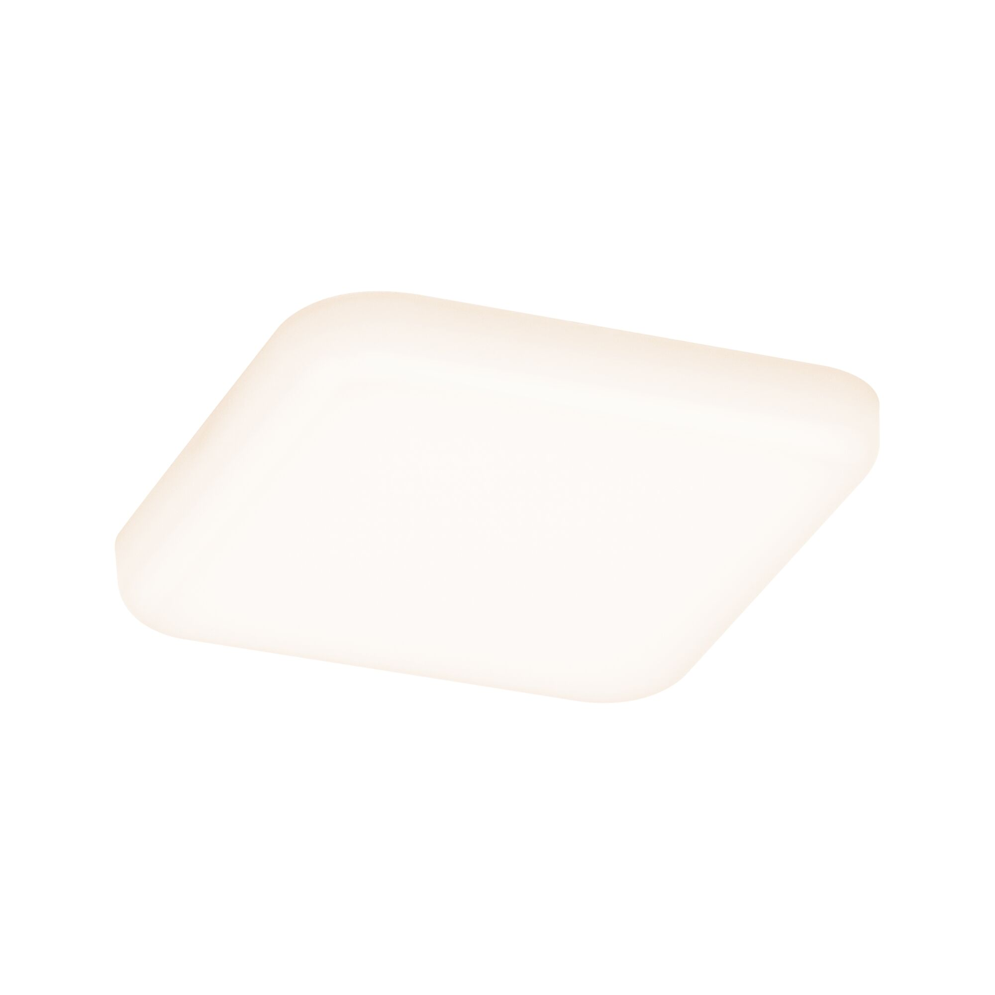 Na białym tle widoczna jest biała, kwadratowa lampa sufitowa LED z zaokrąglonymi rogami.