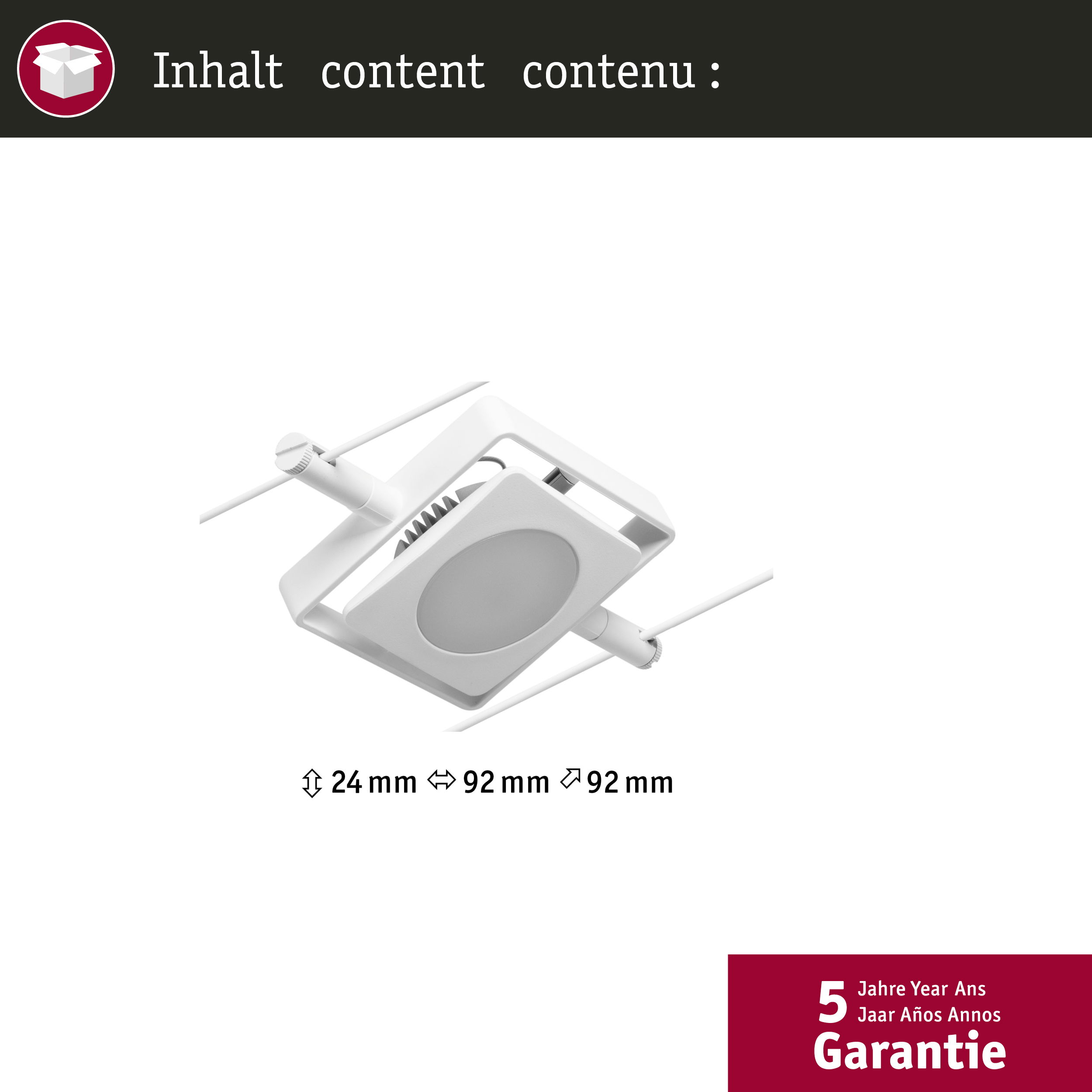 Un apparecchio di illuminazione a binario bianco con una testa luminosa circolare è mostrato su uno sfondo bianco con sovrapposizione di testo.