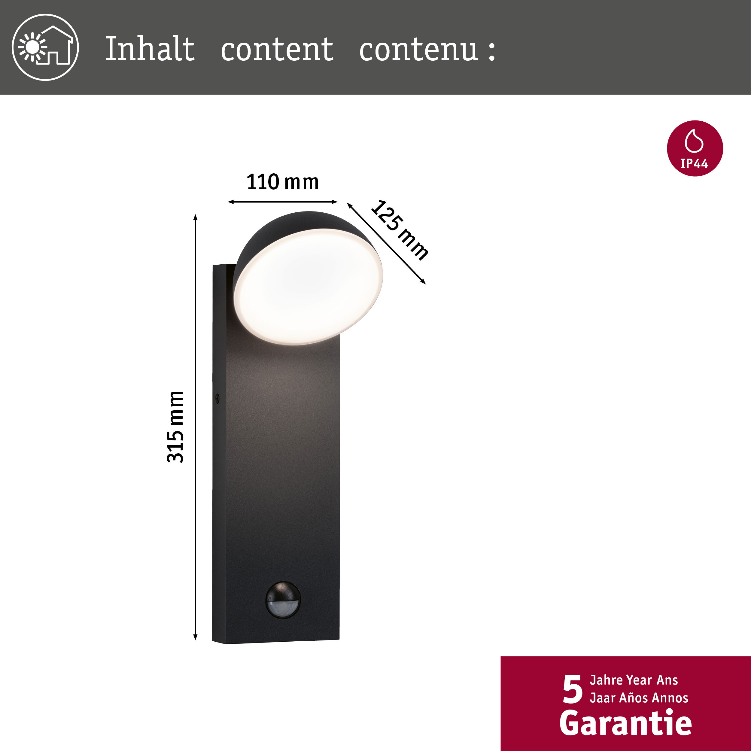 Diagramm einer schwarzen Wandleuchte mit kreisförmigem Licht und Bewegungssensor.