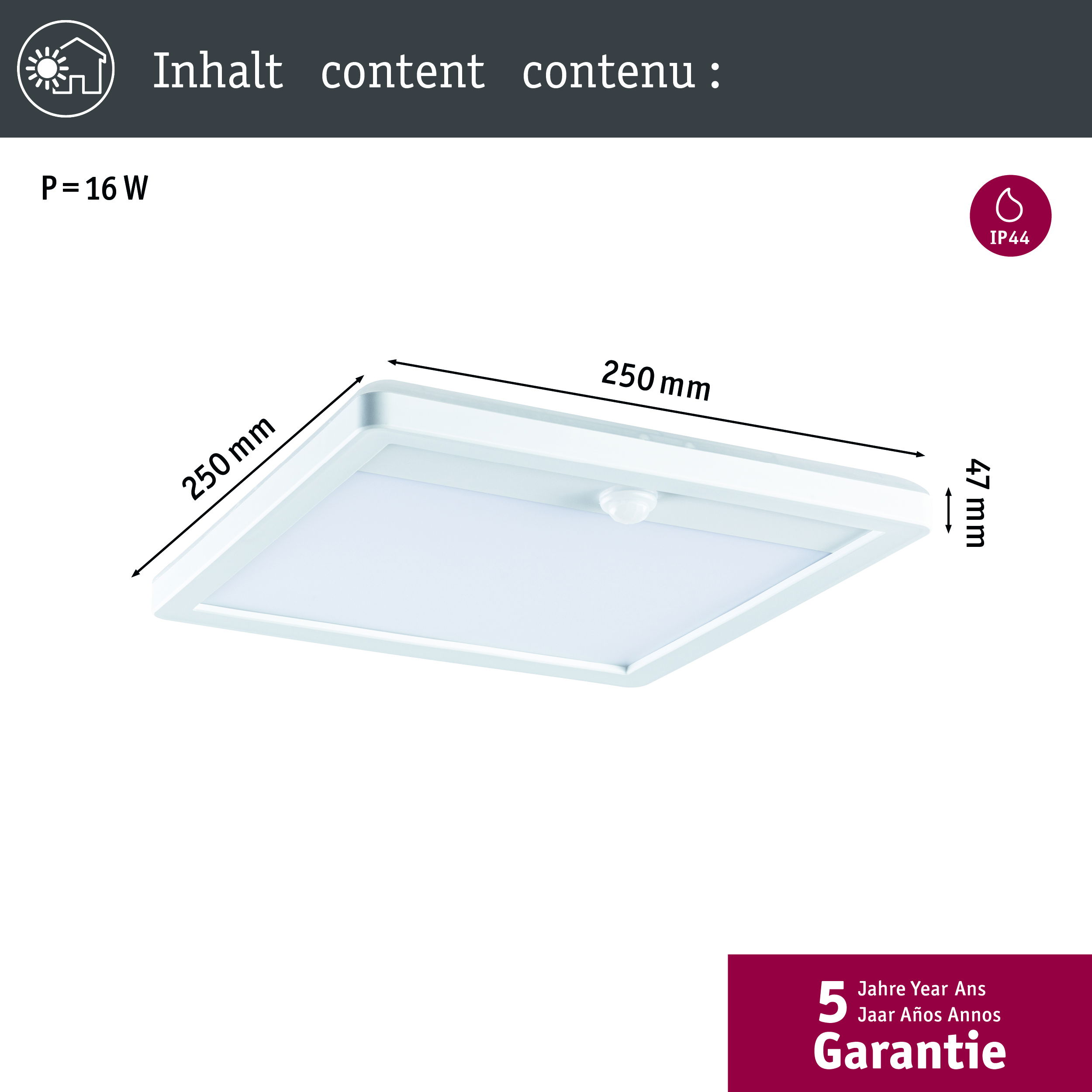 Diagramm einer quadratischen weißen Leuchte mit Abmessungen und einem Garantiehinweis.