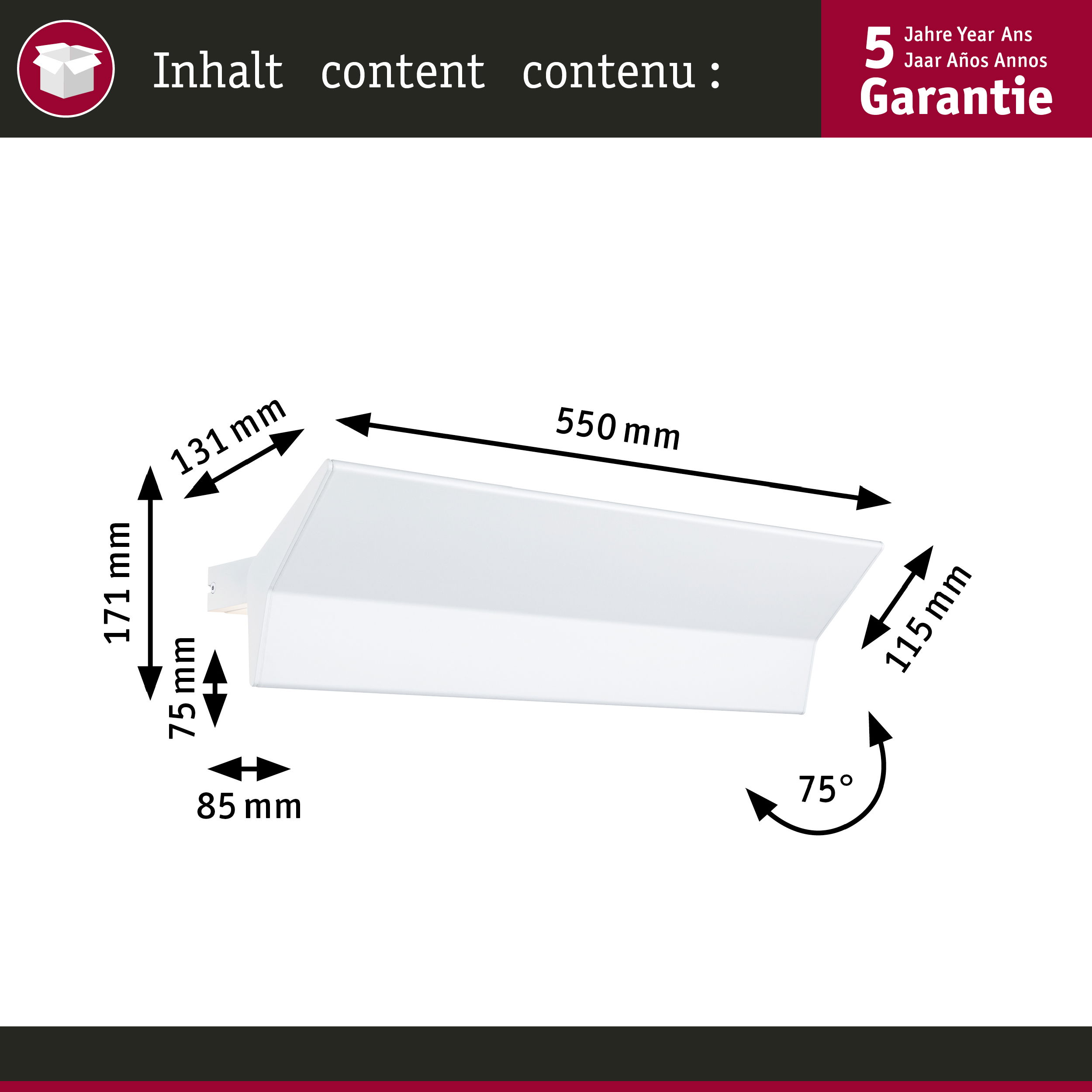 Diagramm einer weißen, abgewinkelten Leuchte mit Abmessungen und Garantieinformationen.