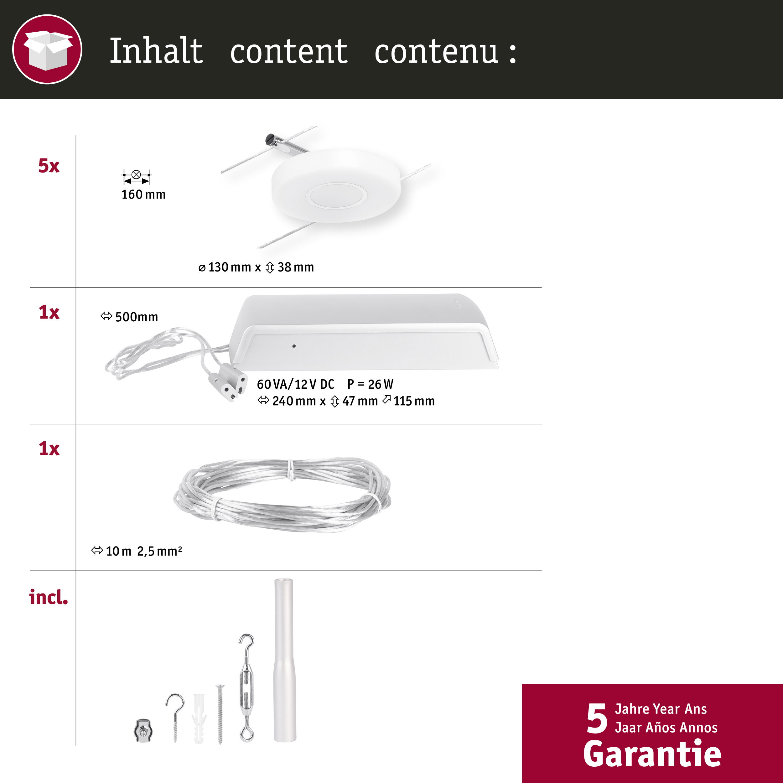 Schema di un kit luce a soffitto con dimensioni e componenti: luce, filo e accessori.