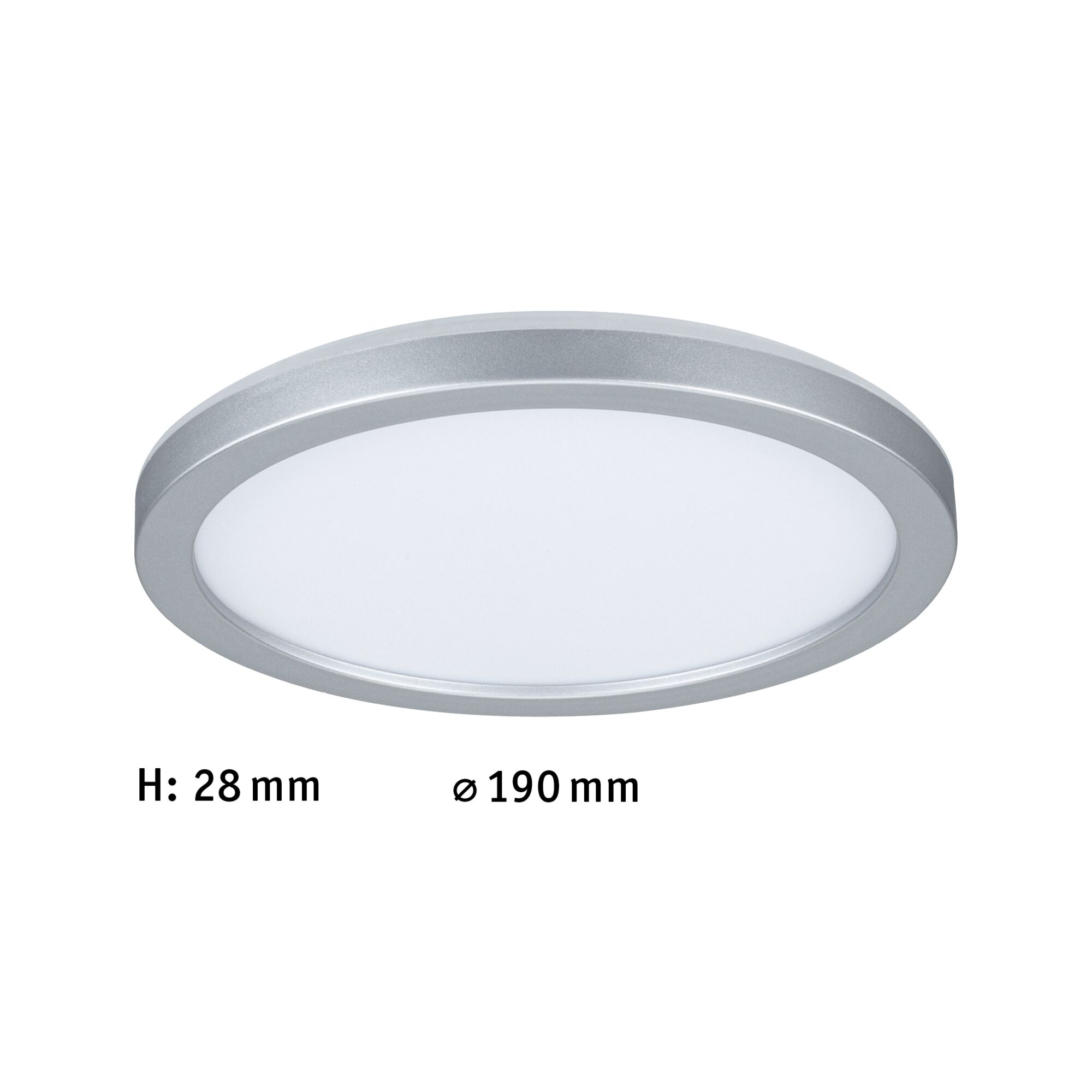 Srebrna, okrągła lampa sufitowa o średnicy 190 mm i wysokości 28 mm.