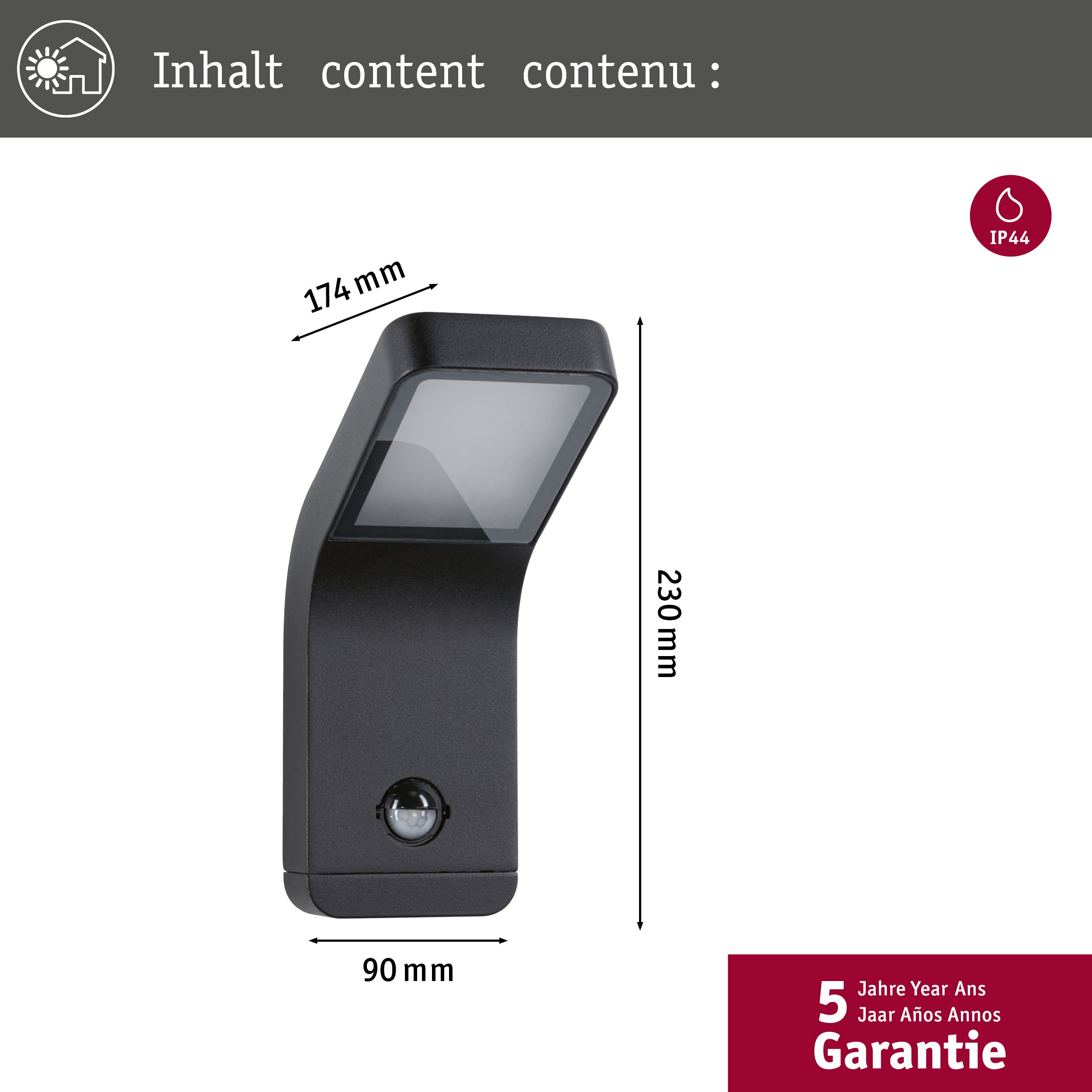 Czarna, prostokątna lampa ścienna ze światłem skierowanym w dół i czujnikiem. Wymiary są pokazane.