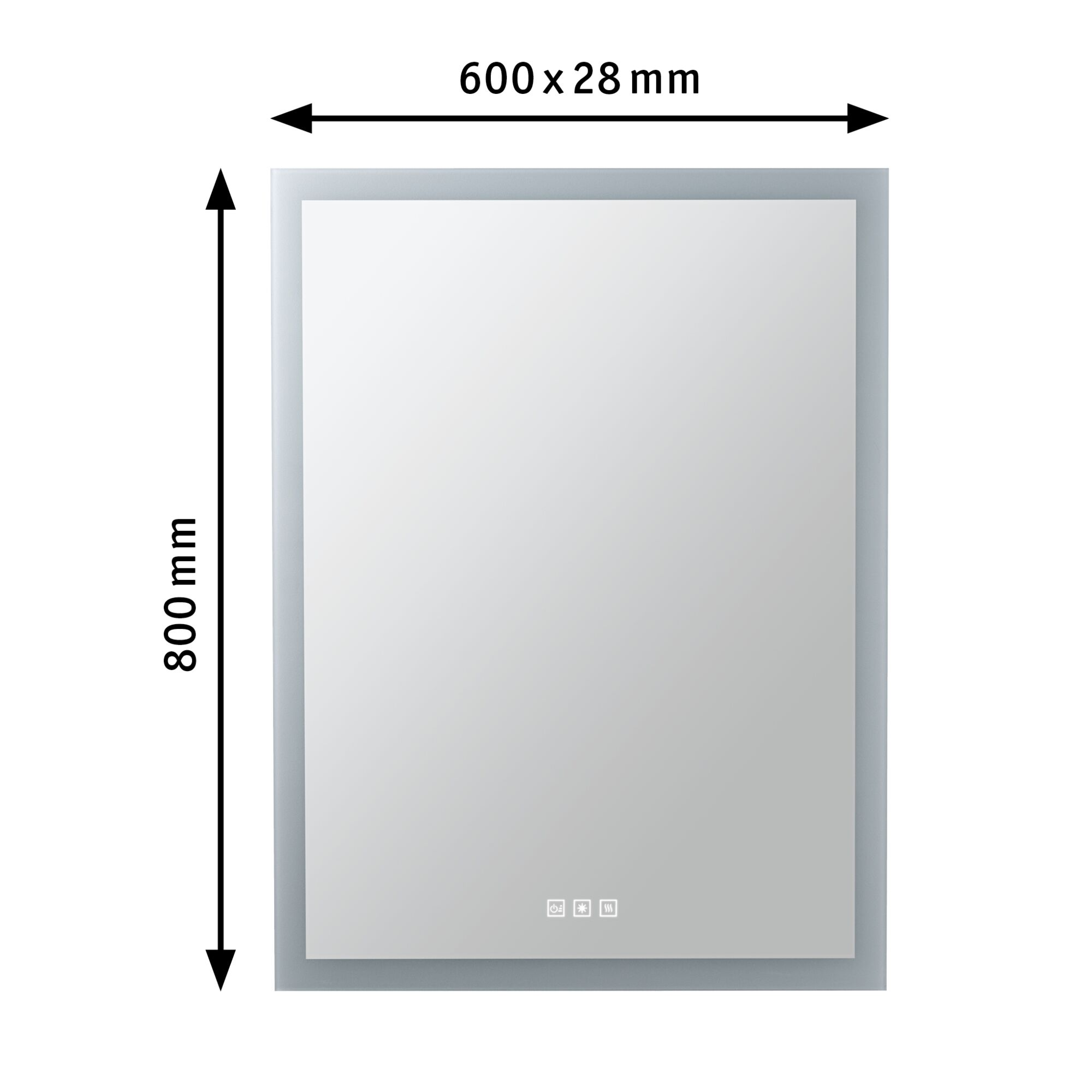 Prostokątne lustro o wymiarach 800 x 600 mm, z elementami sterowania dotykowego na dole.
