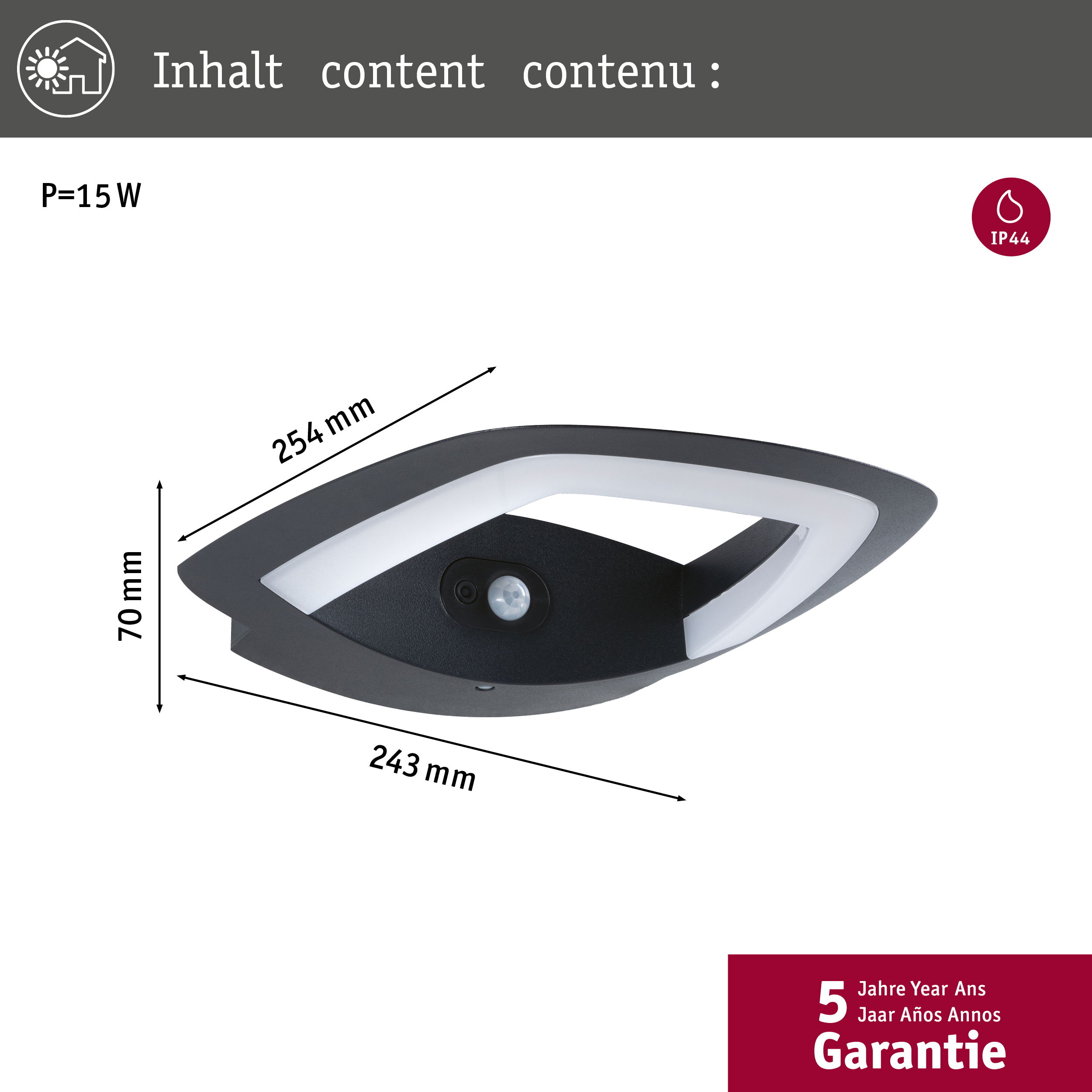 Czarna lampa ścienna z białą podświetlaną częścią, czujnikiem ruchu i wymiarami. Na białym tle.