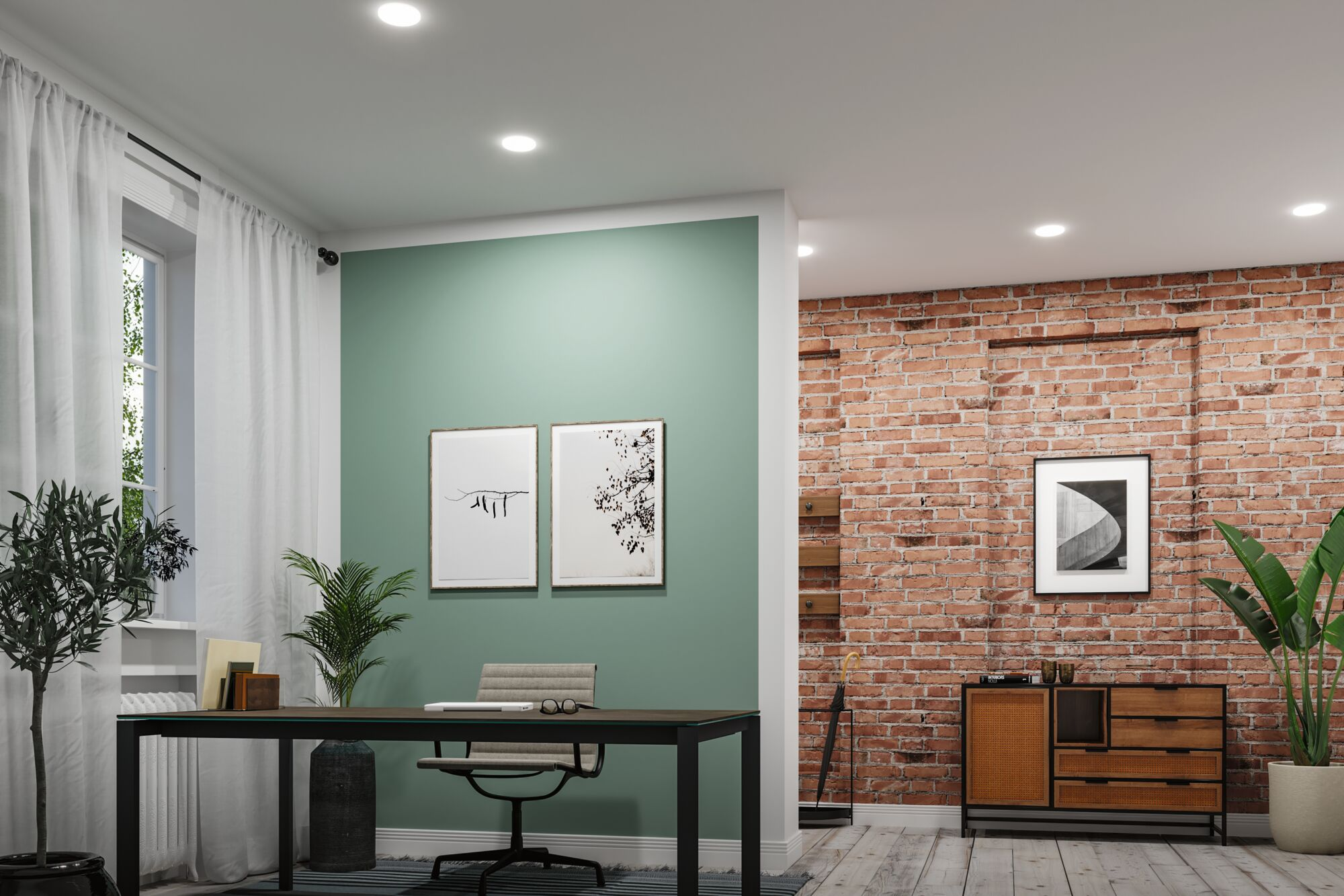 Büro mit Schreibtisch, zwei Kunstwerken und Deckenleuchten. Ziegelmauer rechts.