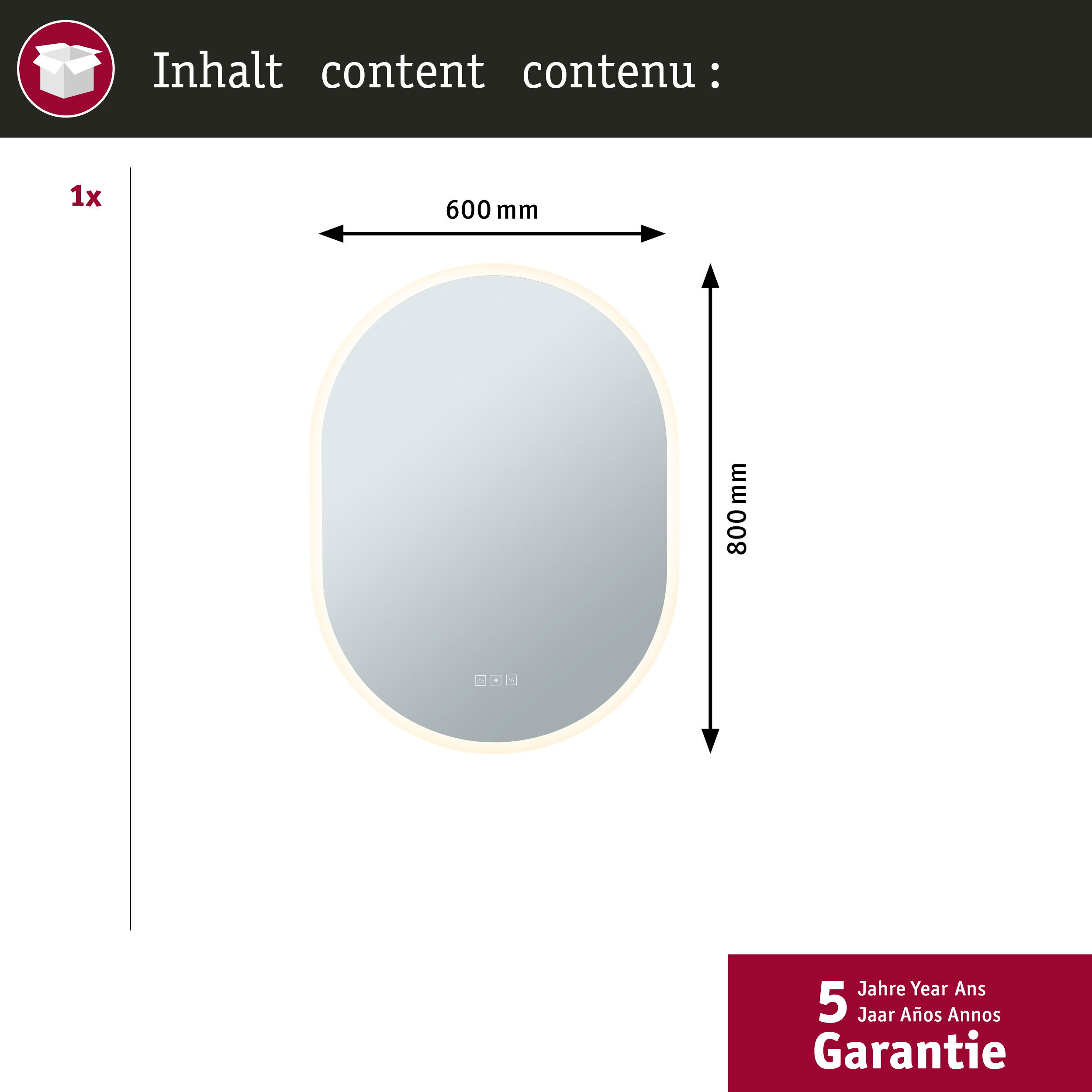 Owalne lustro z wymiarami, otoczone świecącym światłem i informacjami o gwarancji.