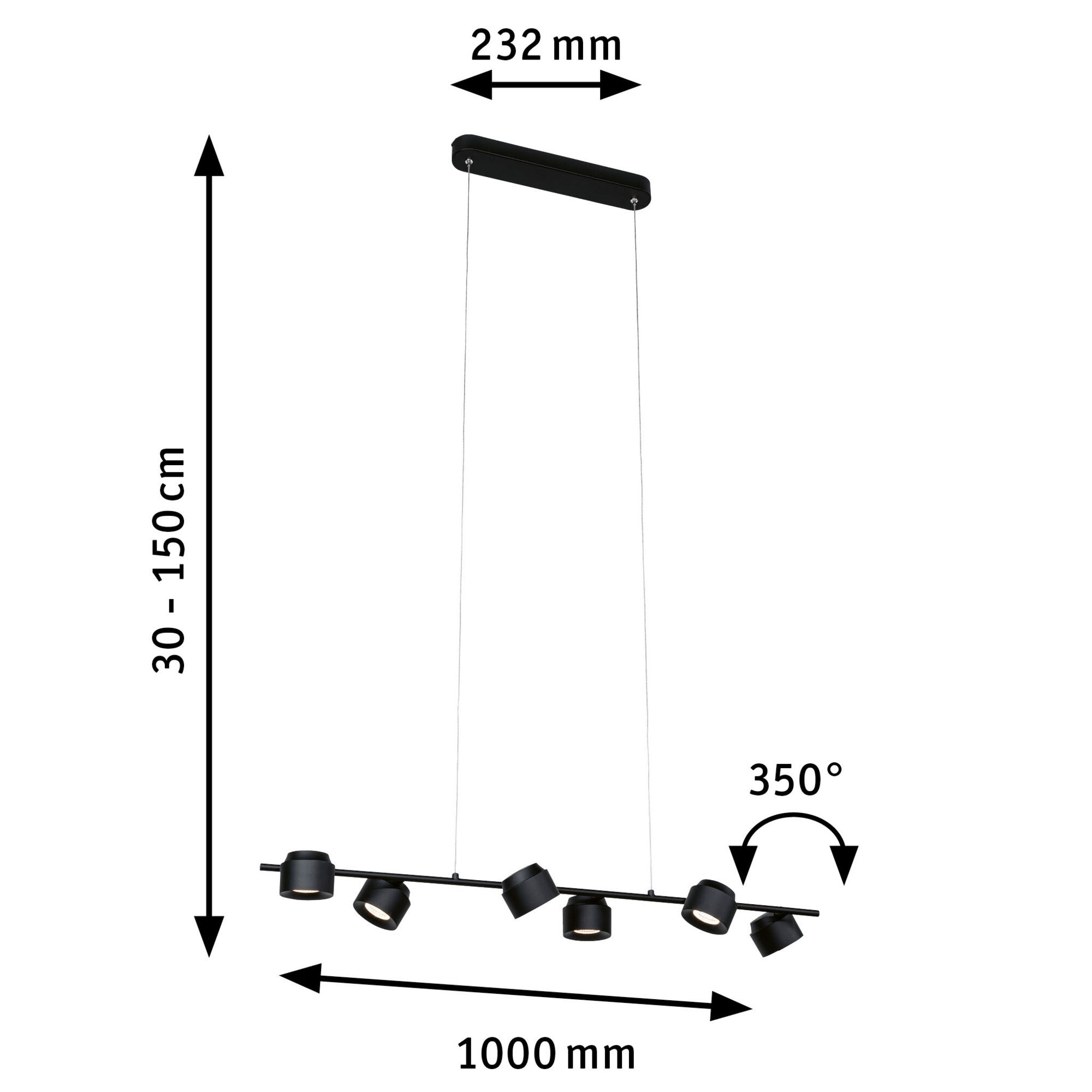Czarna oprawa oświetleniowa z sześcioma regulowanymi reflektorami, z wymiarami i kątami pomiaru.