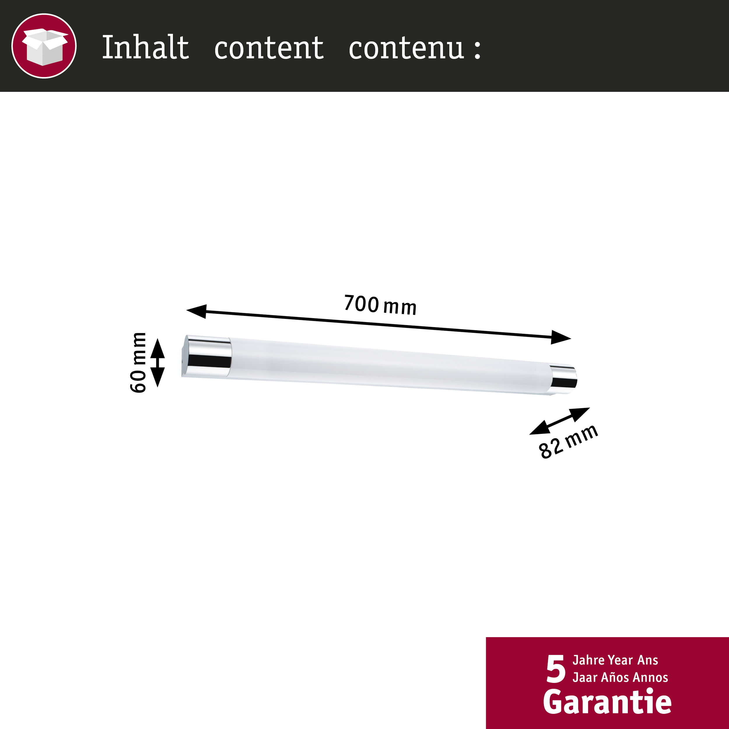Eine lange, weiße, zylindrische Leuchte mit Abmessungen und Garantieinformationen.