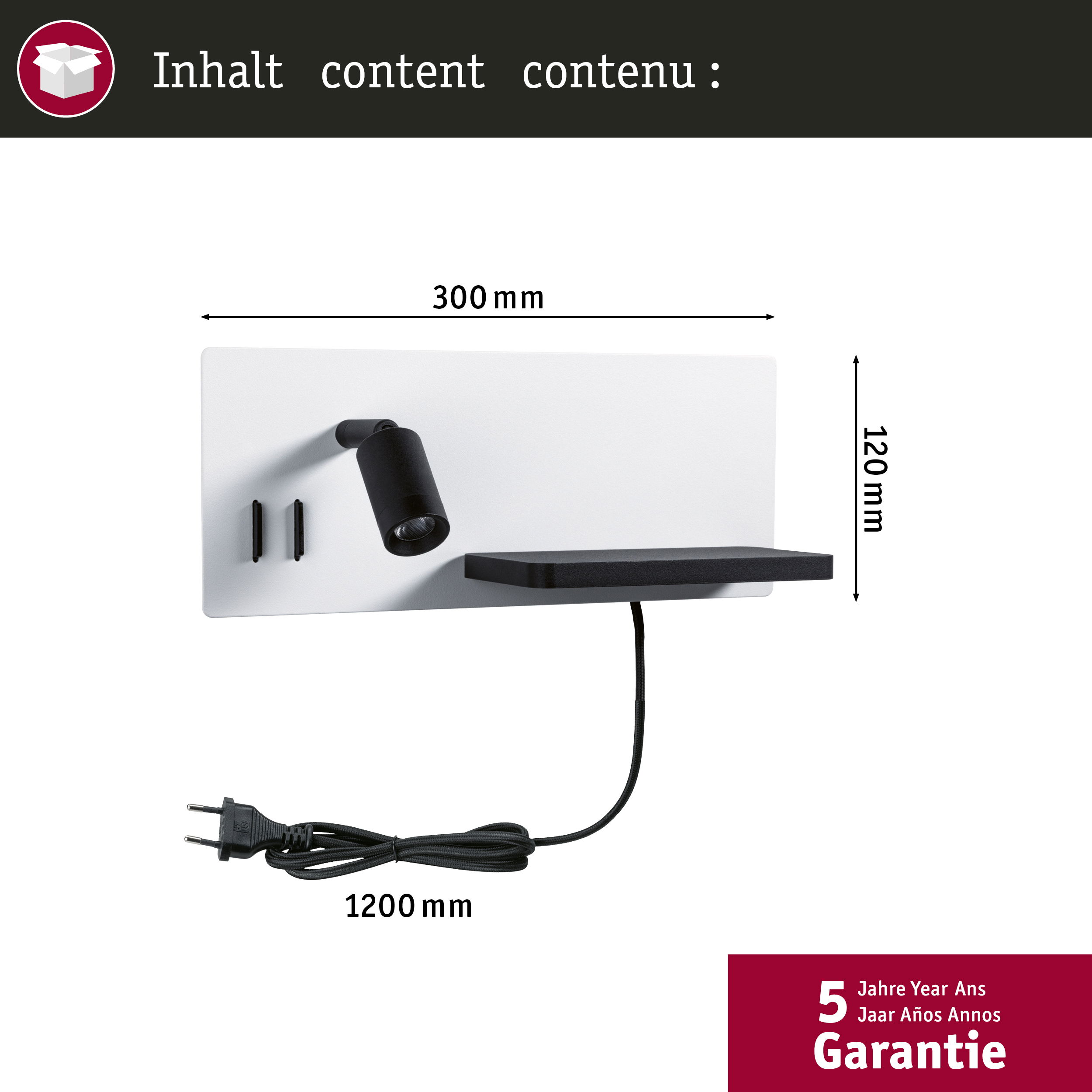Ein weißes Wandregal mit einem schwarzen Strahler, einem Stecker und Abmessungen sind gezeigt.