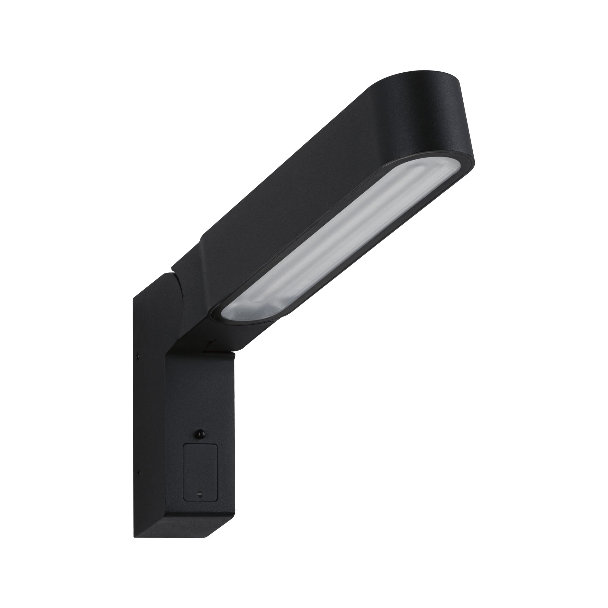 Czarna lampa ścienna o prostokątnym kształcie. Światło jest pochylone i ma elegancki design.