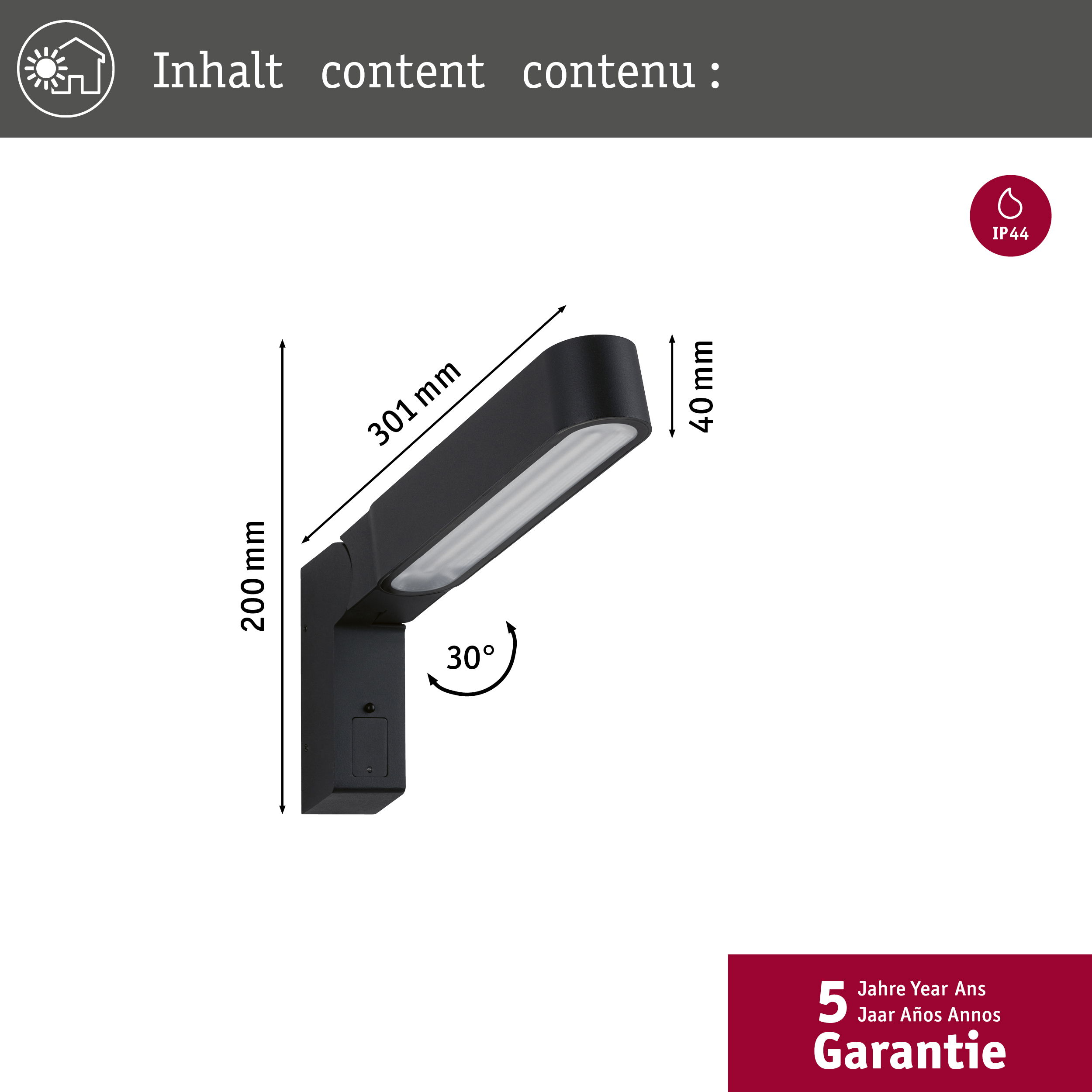 Czarna lampa ścienna pod kątem 30 stopni, pokazująca wymiary i stopień IP44. Lampa jest elegancka.