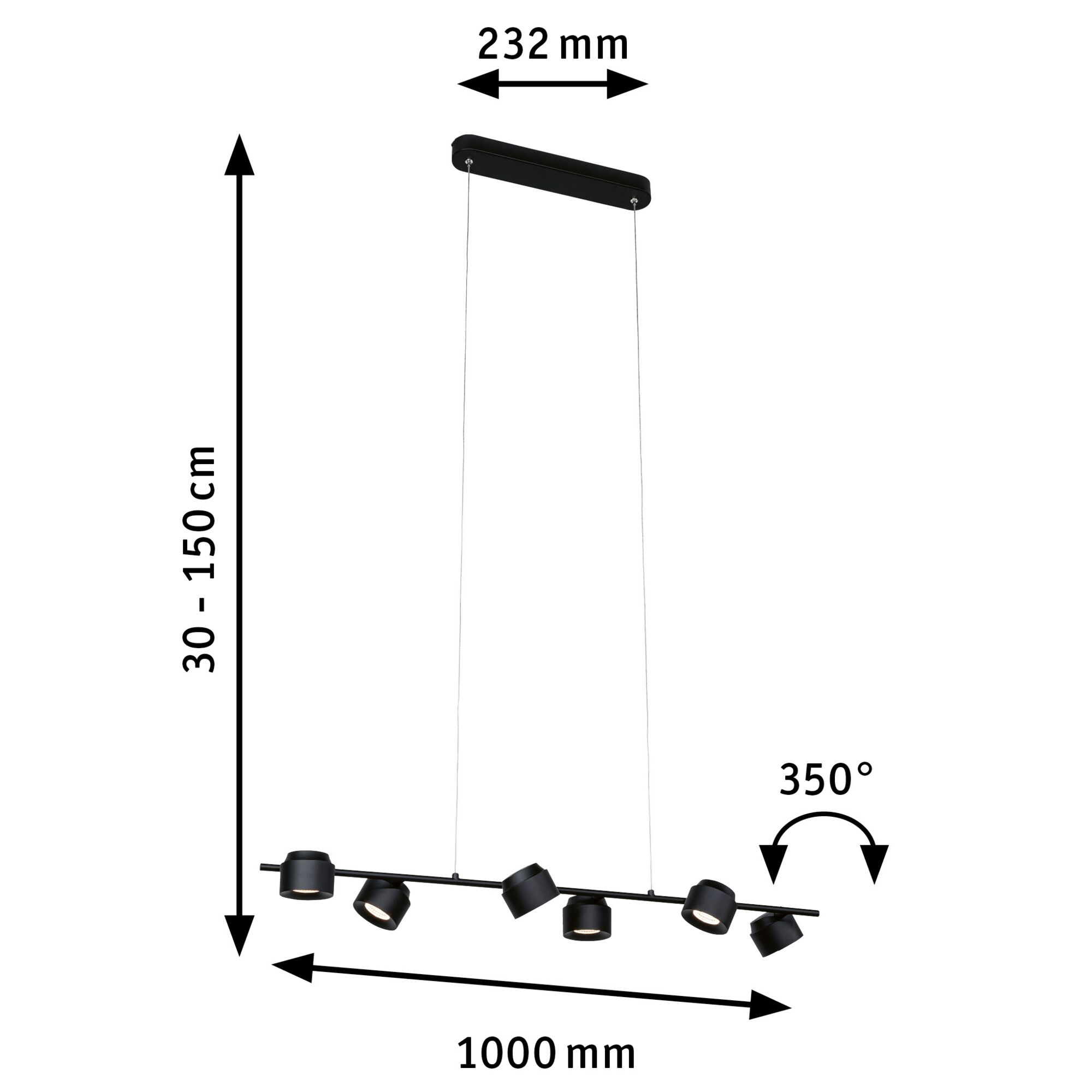 Eine schwarze Pendelleuchte mit sechs verstellbaren Strahlern, mit Abmessungen, die eine Länge von 1000 mm und eine Höhe von 30-150 cm.