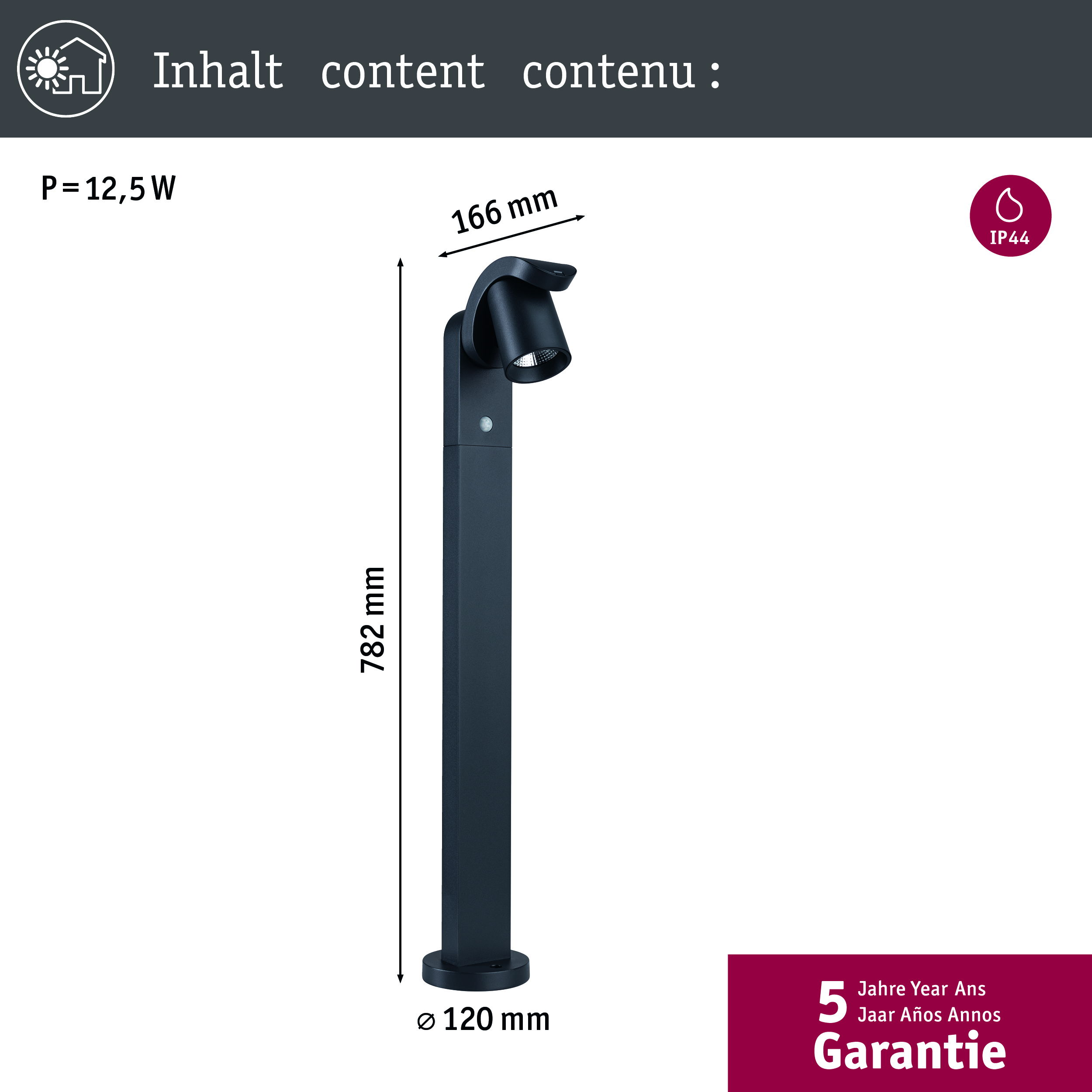 Elegancka czarna lampa zewnętrzna stoi wysoko z wymiarami, z reflektorem i 5-letnią gwarancją zapewniającą bezpieczeństwo.