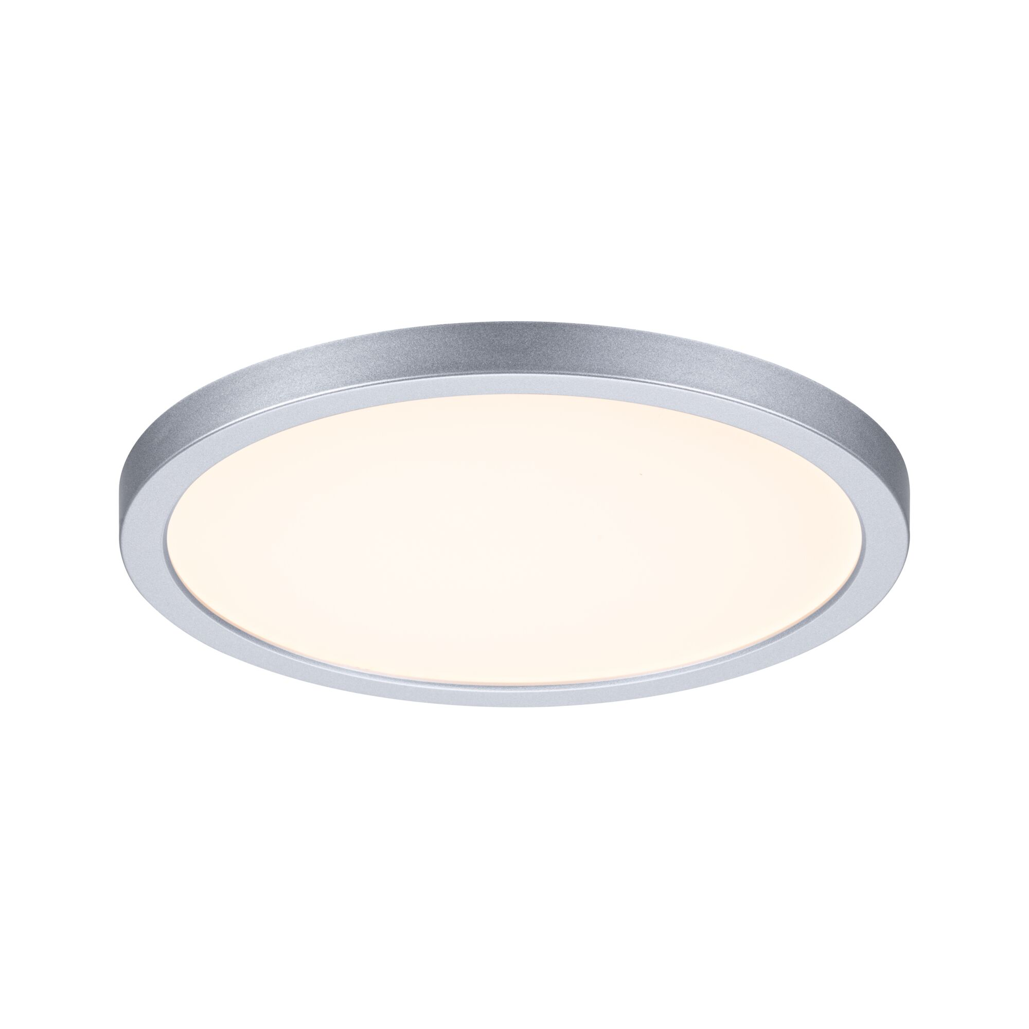Eine runde, silberne LED-Deckenleuchte wird gezeigt, die ein einfaches, modernes Design für Innenbeleuchtungslösungen bietet.