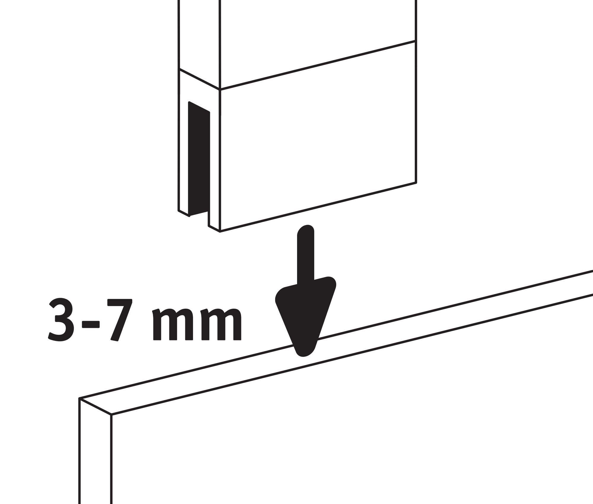 Diagramm, das einen Block zeigt, der über einer Linie positioniert wird, wobei ein Pfeil einen Abstand von 3-7 mm anzeigt.