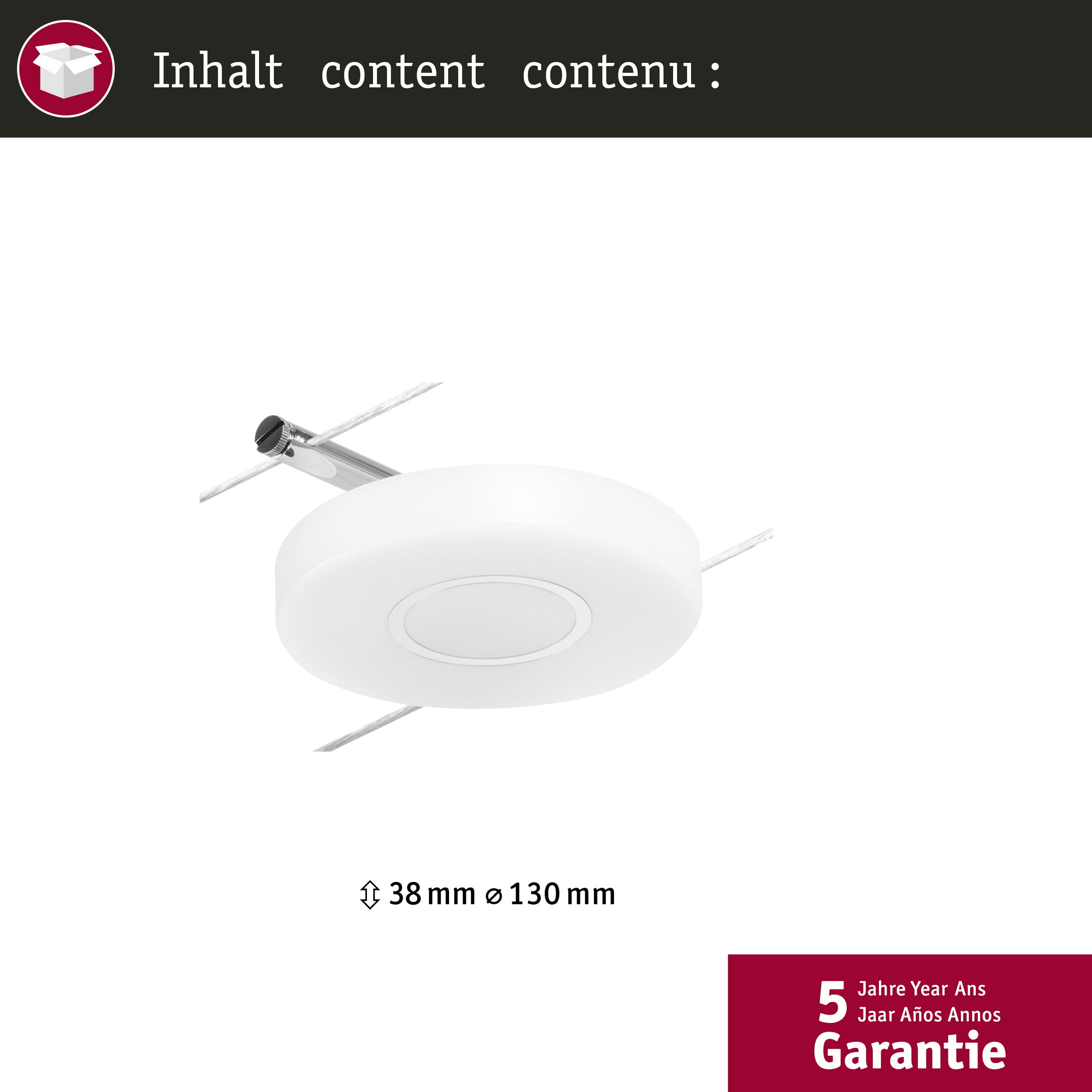 Okrągła biała lampa sufitowa, o wysokości 38 mm i średnicy 130 mm, z obrazem gwarancji.