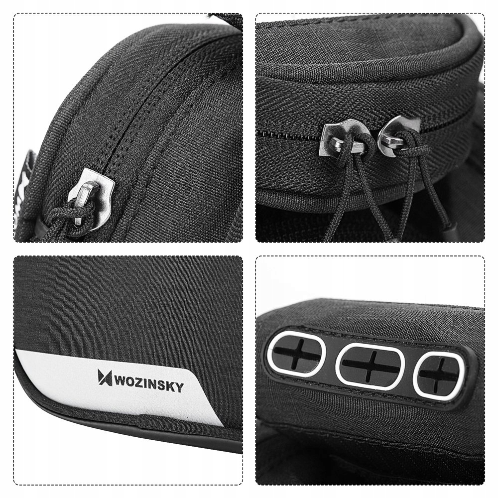 Kolaż zbliżeń czarnej torby na kierownicę, zamki błyskawiczne, logo i szczegóły okienka telefonu, na białym tle.