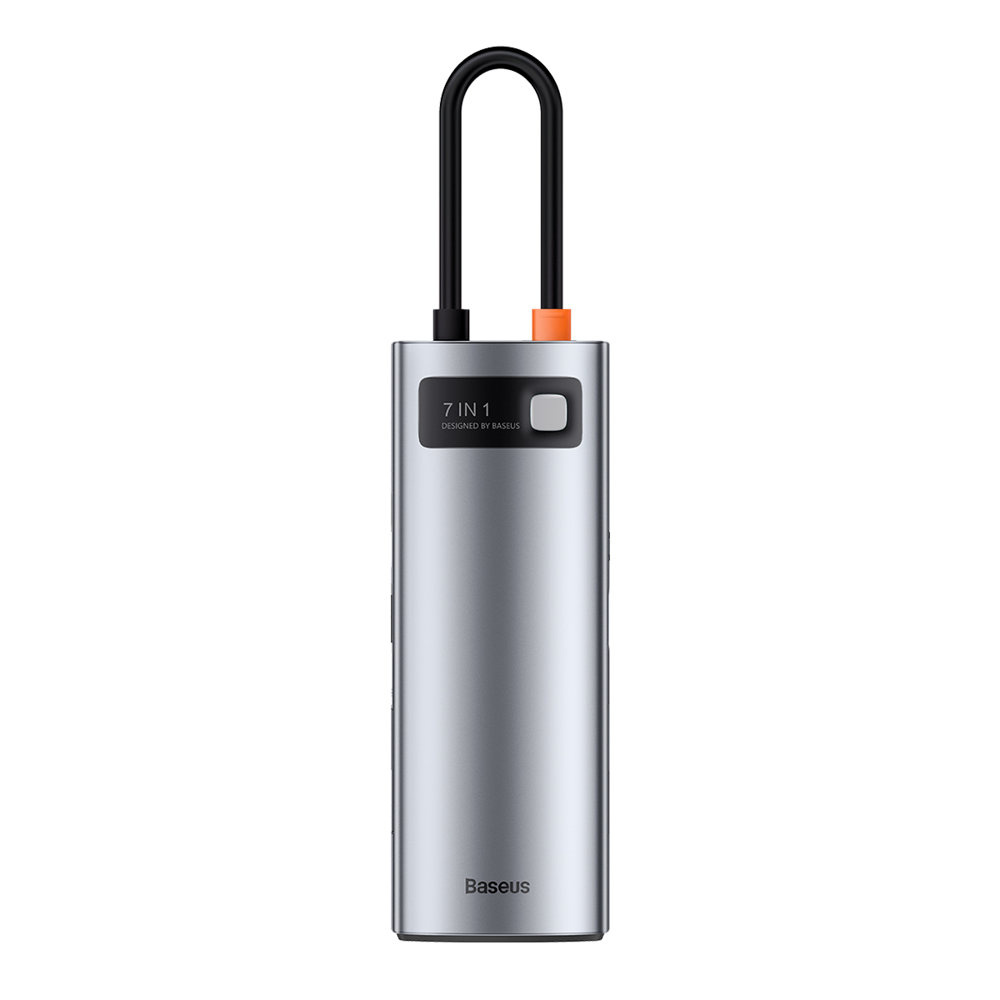 Srebrny hub USB Baseus 7 w 1 z czarnym kablem, wyśrodkowany na białym tle.