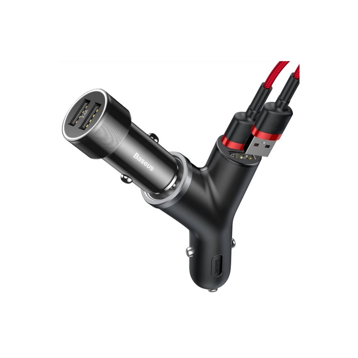 Czarna ładowarka samochodowa z trzema portami. Widoczne logo Baseus. Dwa porty USB i trzeci port.