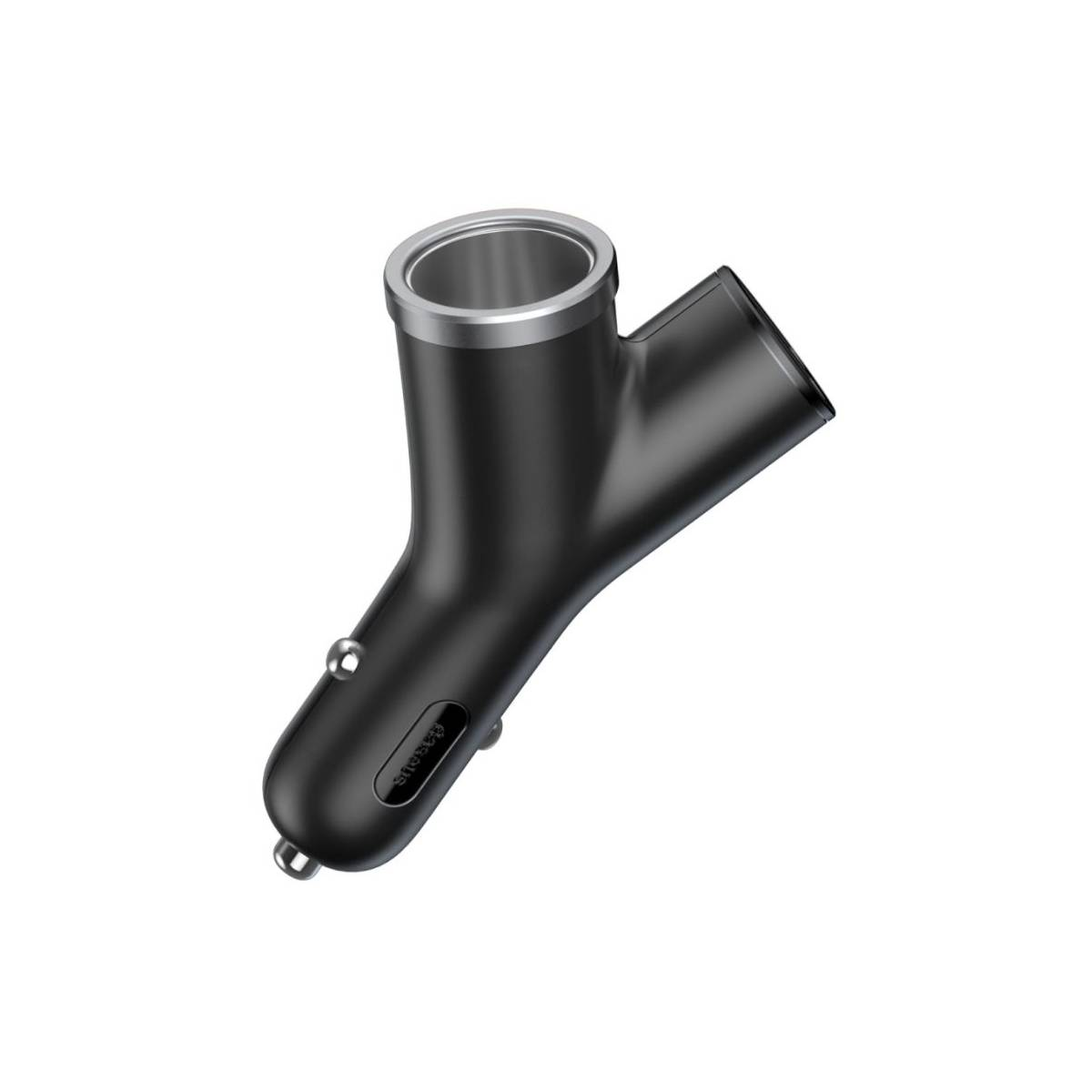 Czarna ładowarka samochodowa w kształcie litery Y. Srebrny pierścień na górze. Logo Baseus z boku.