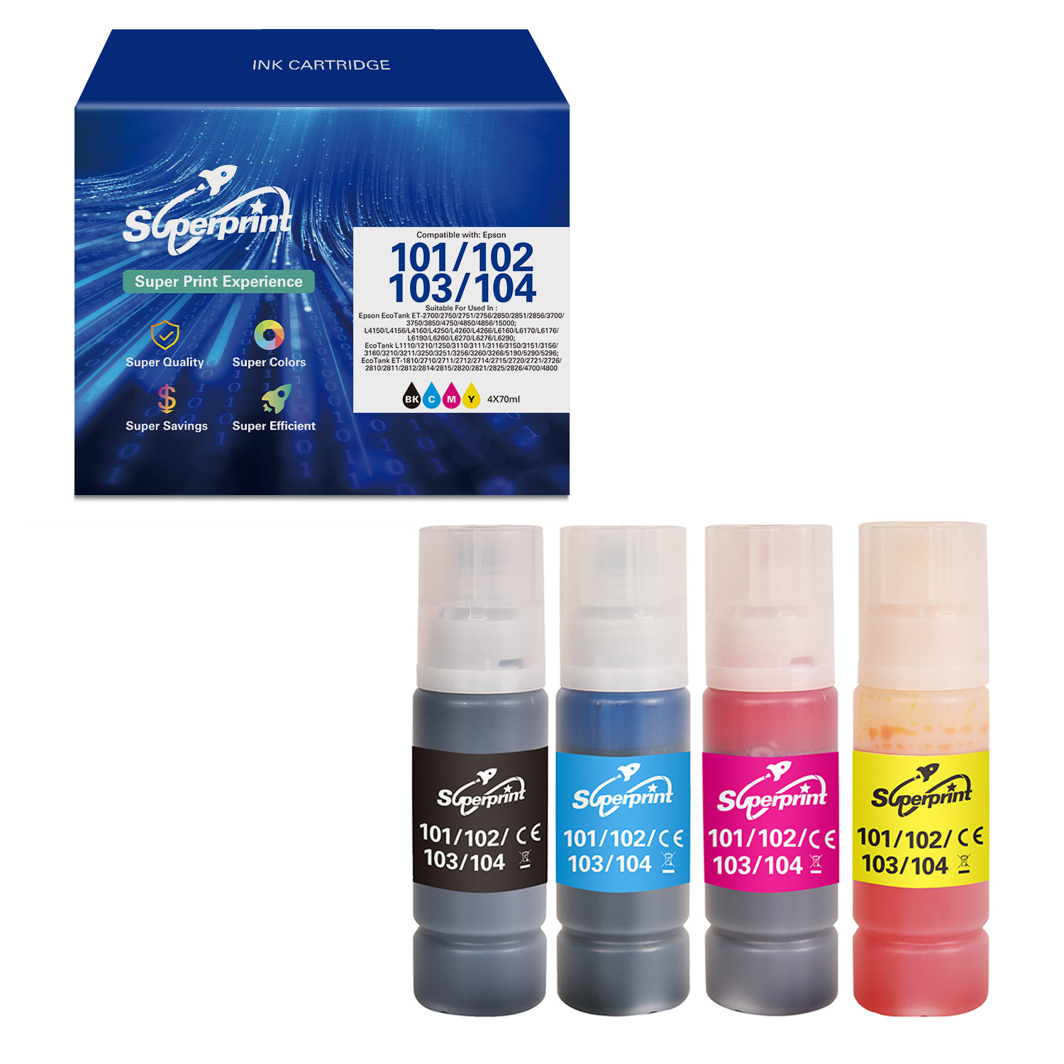 Inktcartridges in zwart, blauw, magenta en geel.