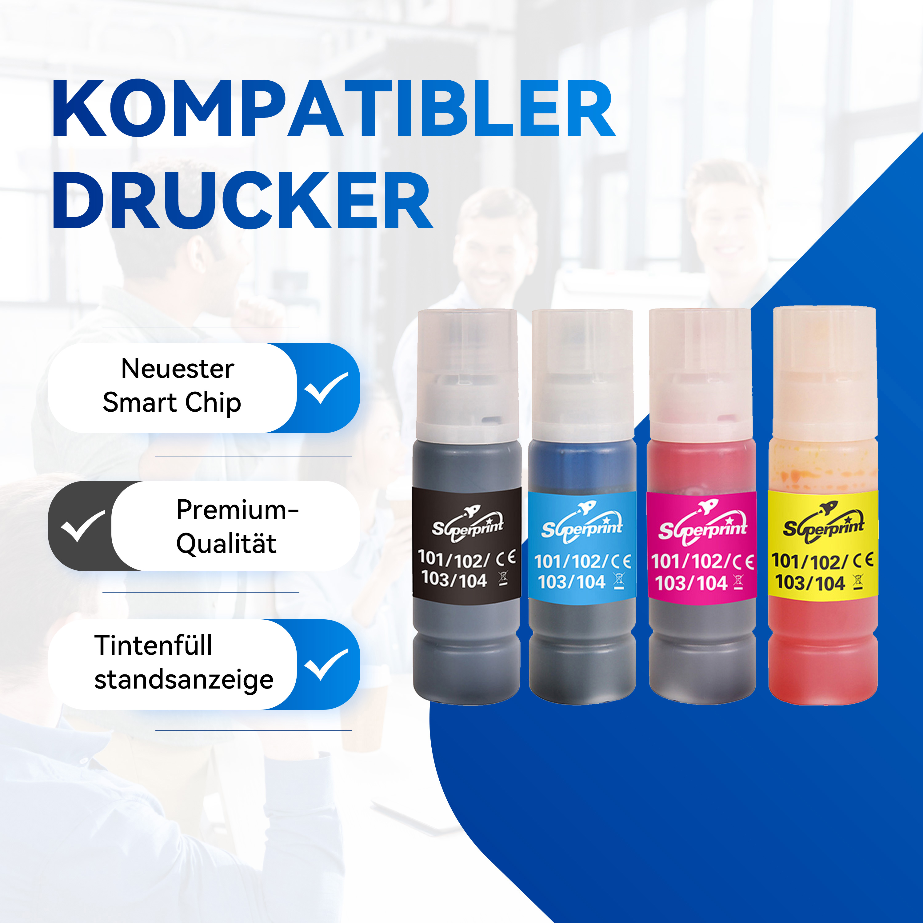 Inktcartridges in zwart, blauw, magenta en geel, met tekst.