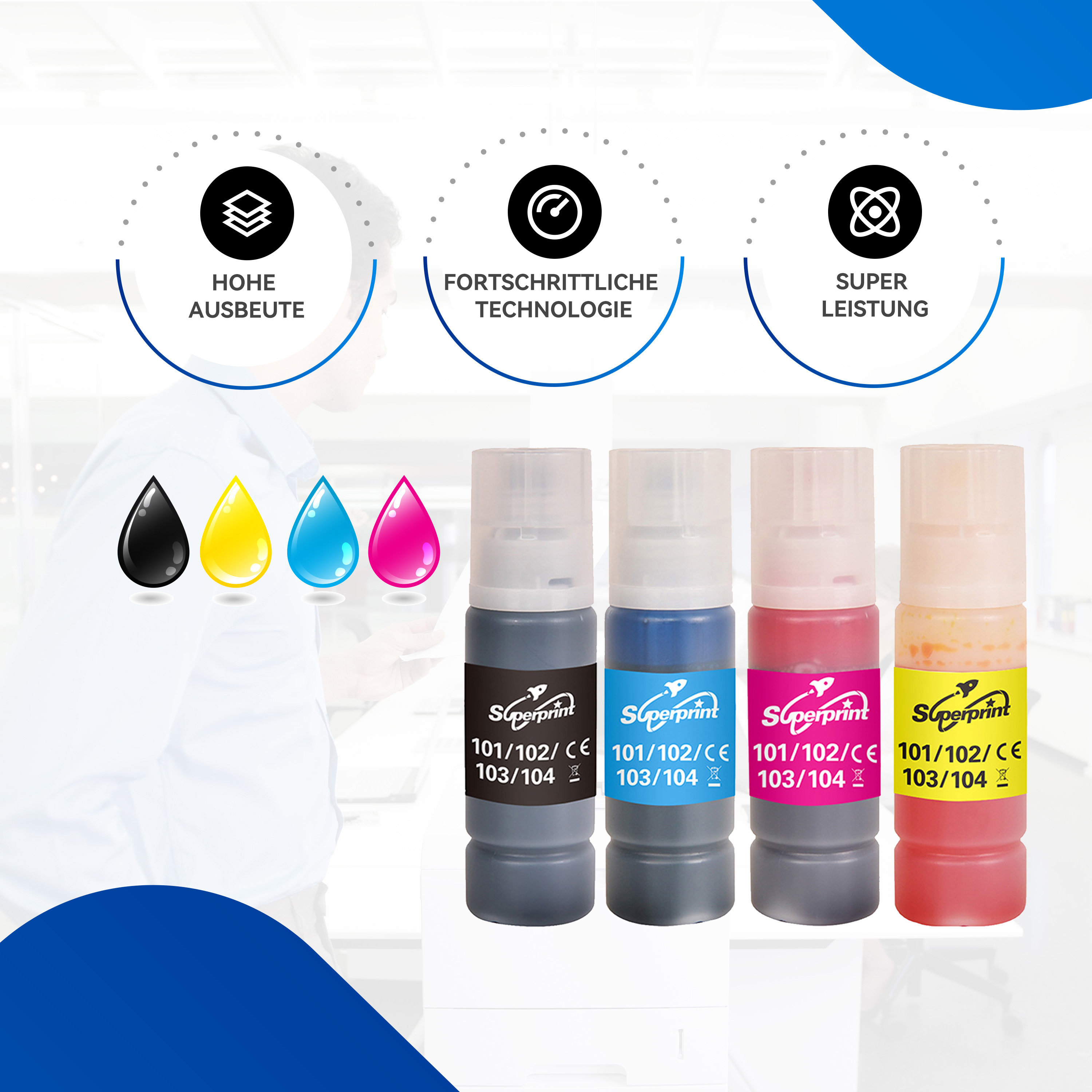 Inktcartridges in zwart, blauw, magenta en geel met diverse iconen.