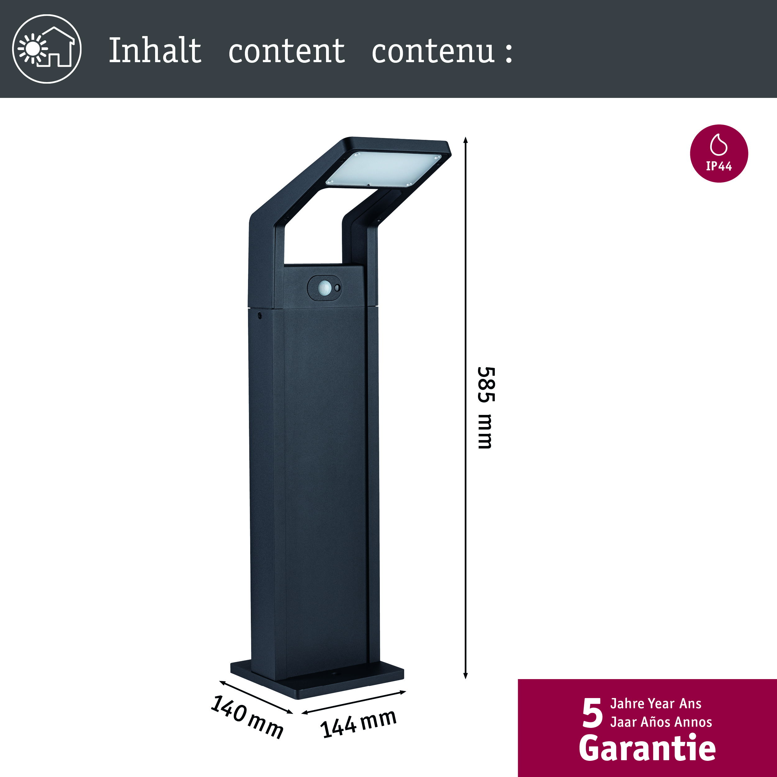 Czarna lampa zewnętrzna z wymiarami, z białą powierzchnią oświetleniową.