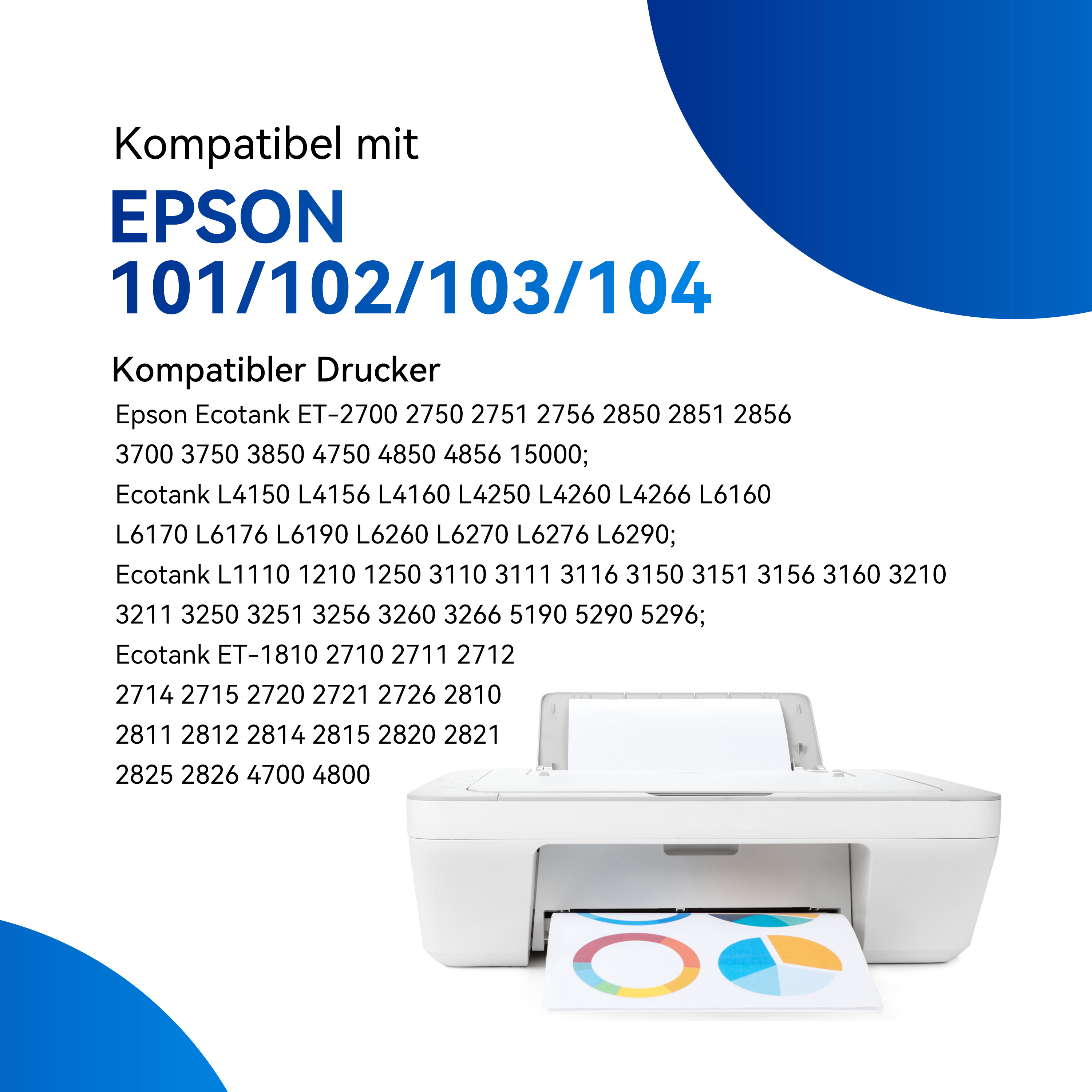 Witte printer met papier met gekleurde grafieken, productbeschrijving.